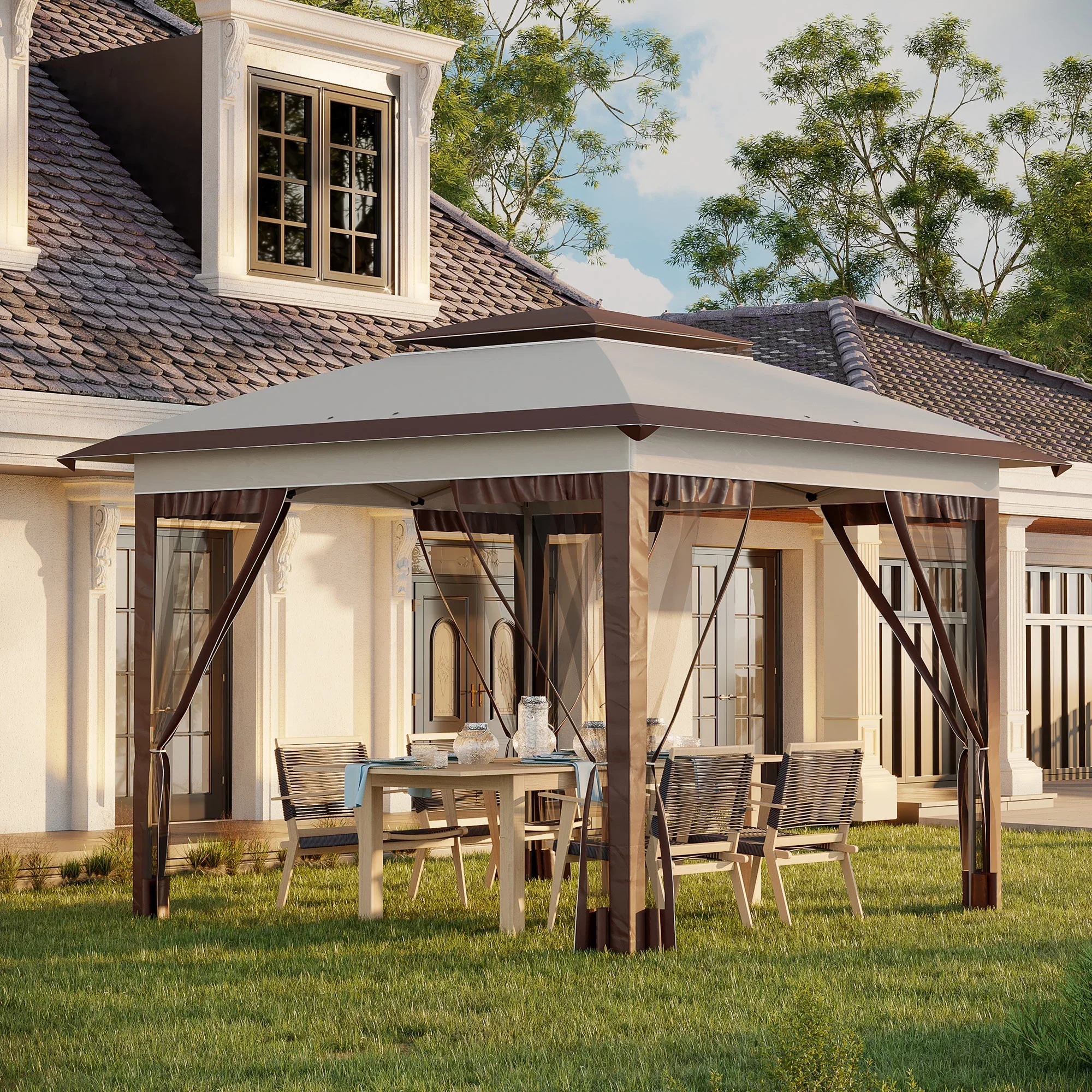 12' X 12' Pop Up Canopy Tent With Netting And Carry Bag, Instant Sun Shelter With 137 Sq.Ft Shade, Tents For Parties, Height Adjustable, For Outdoor, Garden, Patio, Beige And Brown