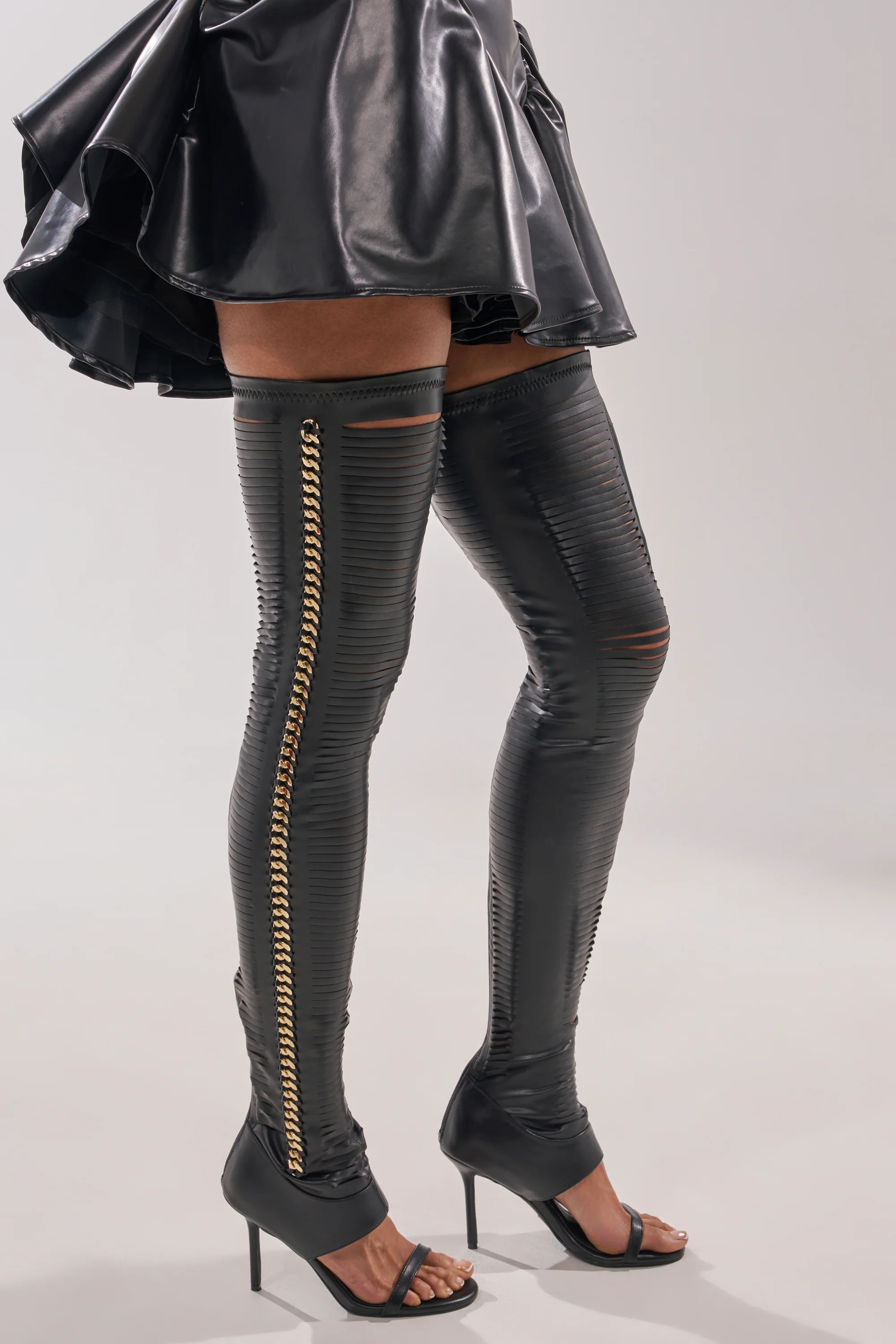 AZALEA WANG ZARIE BLACK THIGH HIGH STRETCH PU GOLD EMBELLISHED STILETTO BOOT - Akira Store