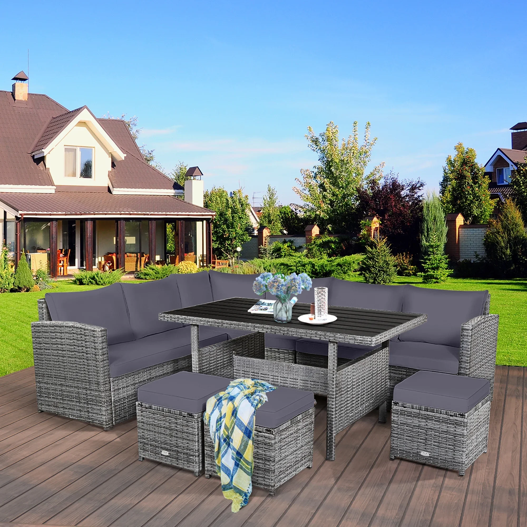 Costway 7 PCS Patio Rattan Dining Set Sectional Sofa Couch Ottoman Garden Red
