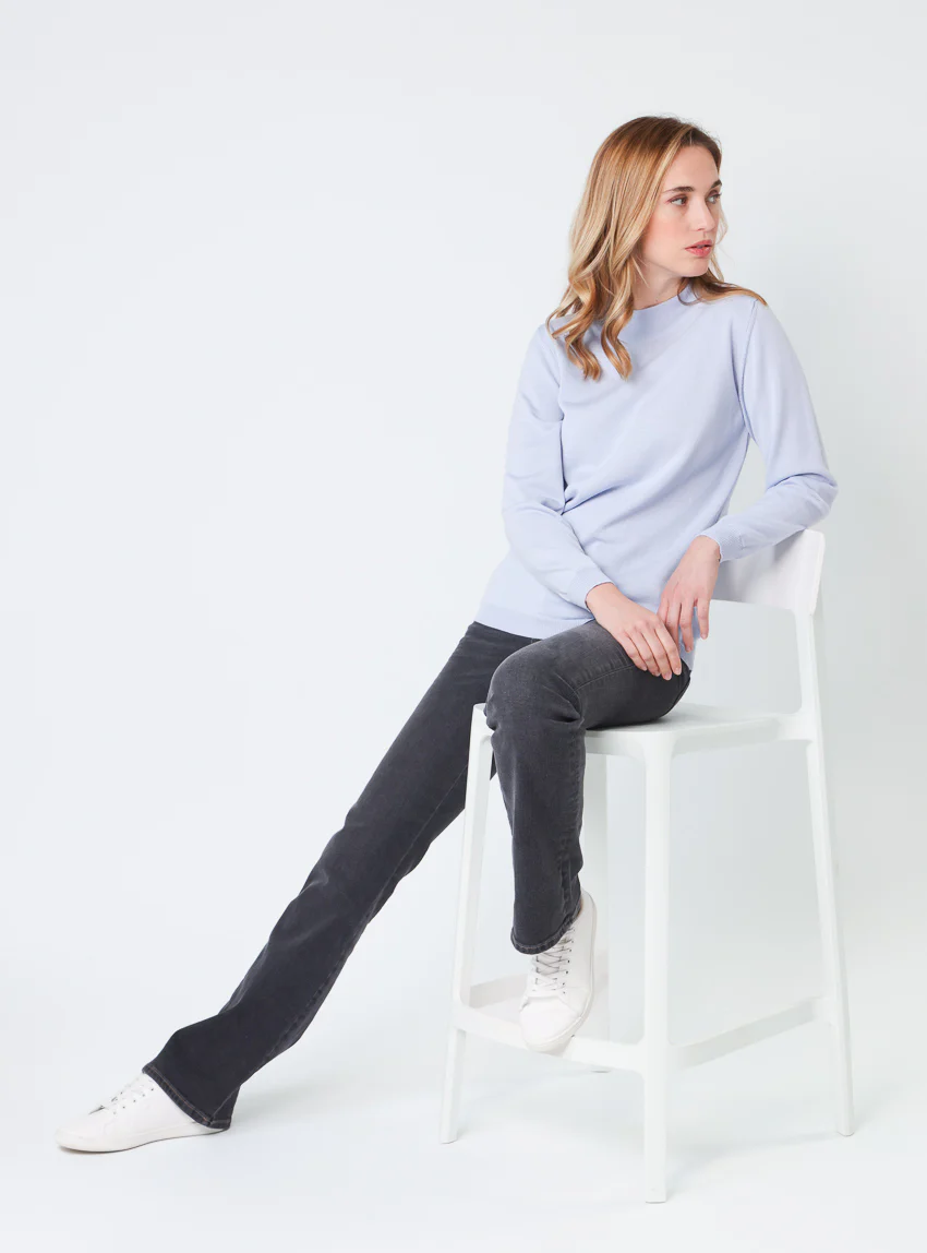 Pull femme col cheminée en laine mérinos Bleu Ciel Léger