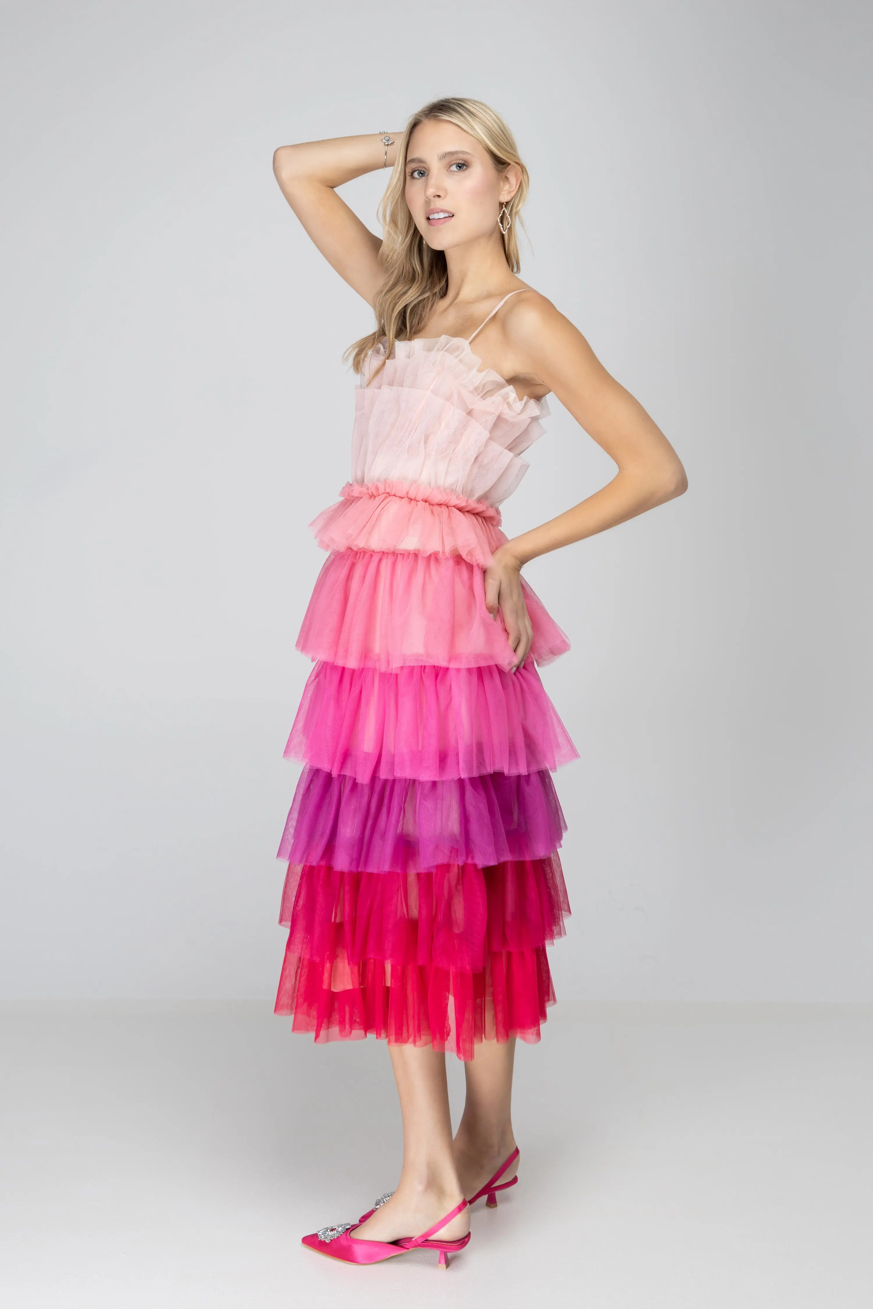 Wildest Dreams Pink Ombre Tulle Midi Dress