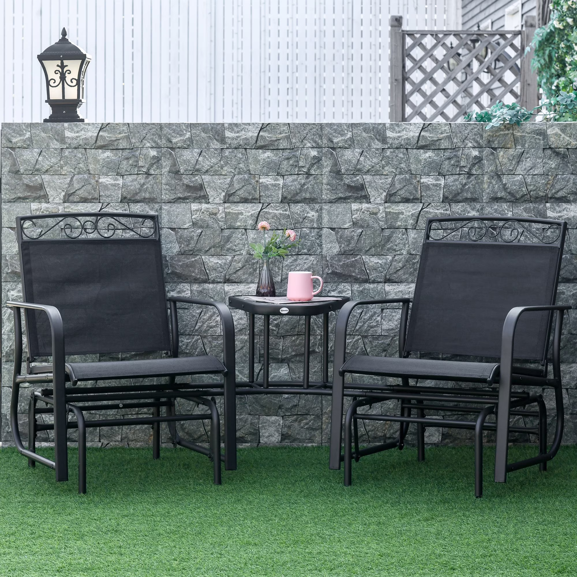 Outsunny Outdoor Glider Chairs with Coffee Table, Patio 2-Seat Rocking Chair Swing with Breathable Sling for Backyard, Garden and Porch, Black
