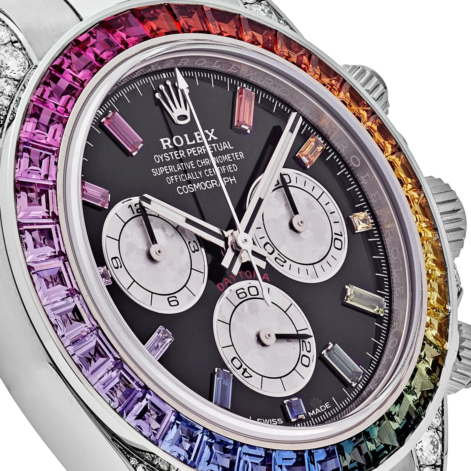 [Super Clone]Rolex Daytona  'Rainbow' White Gold Black Dial Sapphire Bezel  116599RBOW