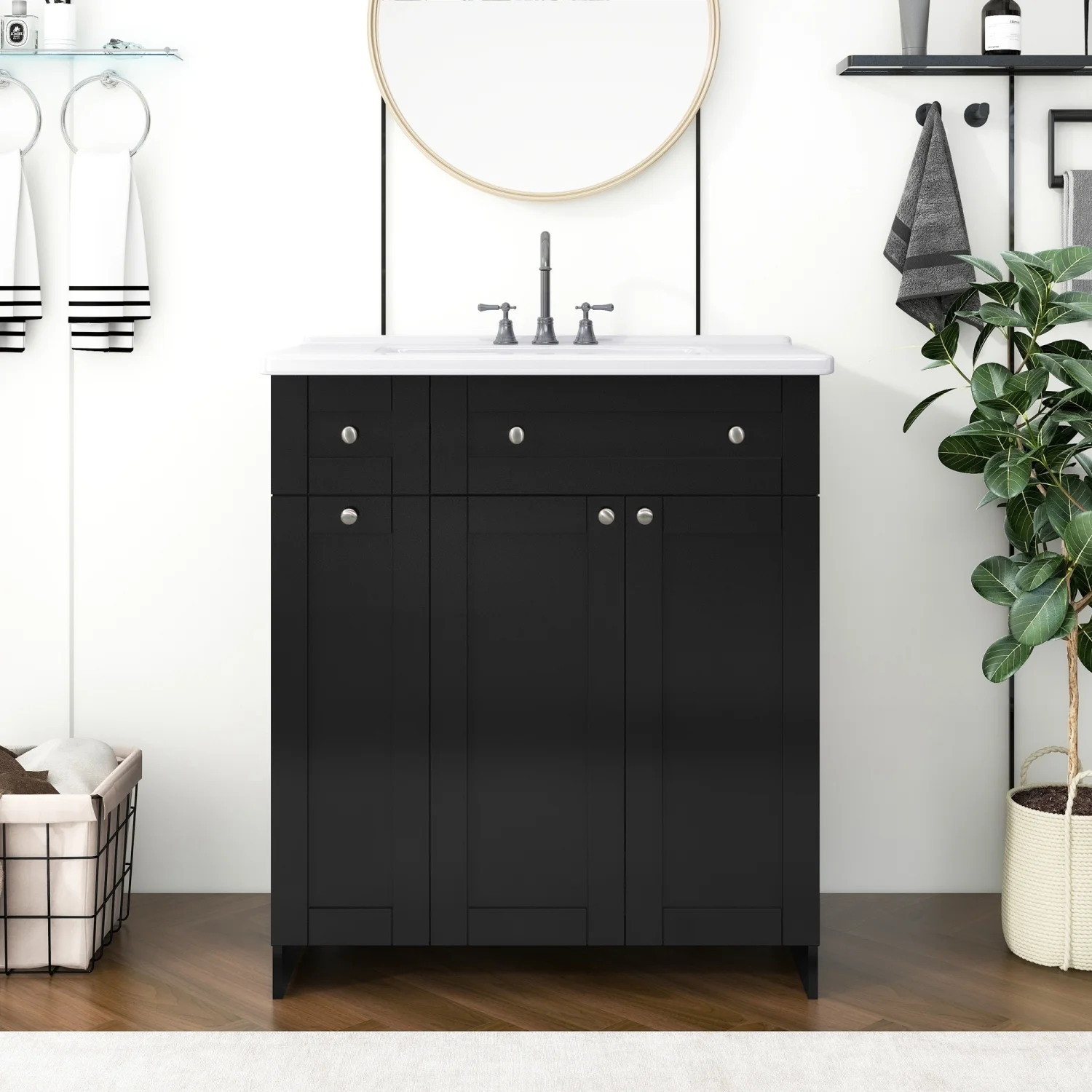 30" Bathroom Vanity with Sink Combo Wall Mounted Storage Cabinet Set with Soft Close Drawers, Modern Design with Invisible Handle, Resin Basin Sink Top, Gray - Image 2