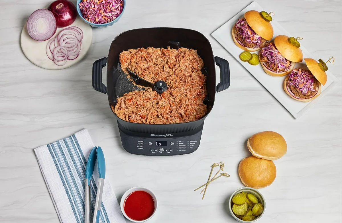 Power XL Stirmax 7.5 Qt Multi - Cooker with Auto Stir/Shred Paddle and 9 Presets, Matte Black
