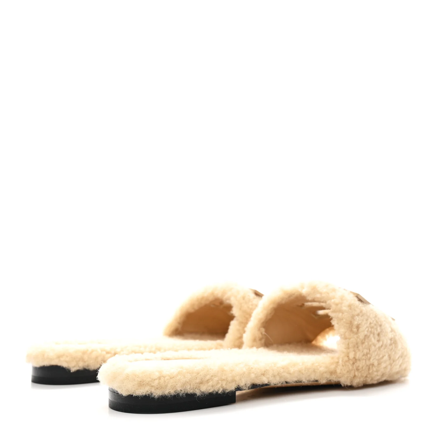 Shearling FF Baguette Slide Sandals 37 Beige Naturale