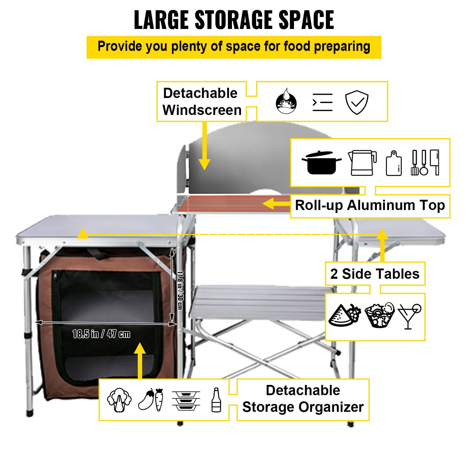 Camping Kitchen Station. Aluminum Portable Folding Camp Cook Table with Windshield. Storage Organizer and 4 Adjustable Feet. Quick Installation for Outdoor Picnic Beach Party Cooking. Brown