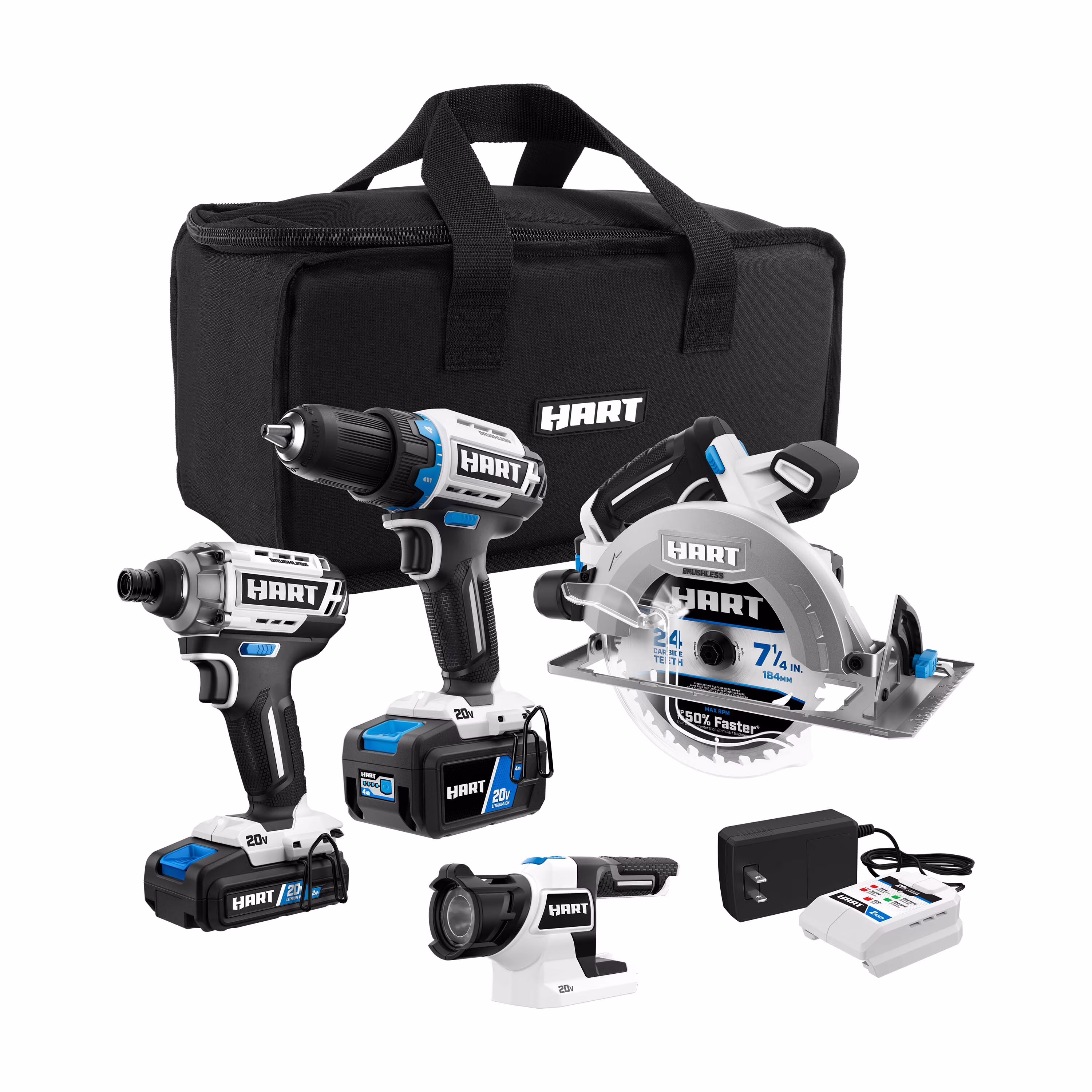 20 Volts 4-Tool Brushless Combo Kit, (1) 2.0Ah and (1) 4.0Ah Lithium-Ion Battery