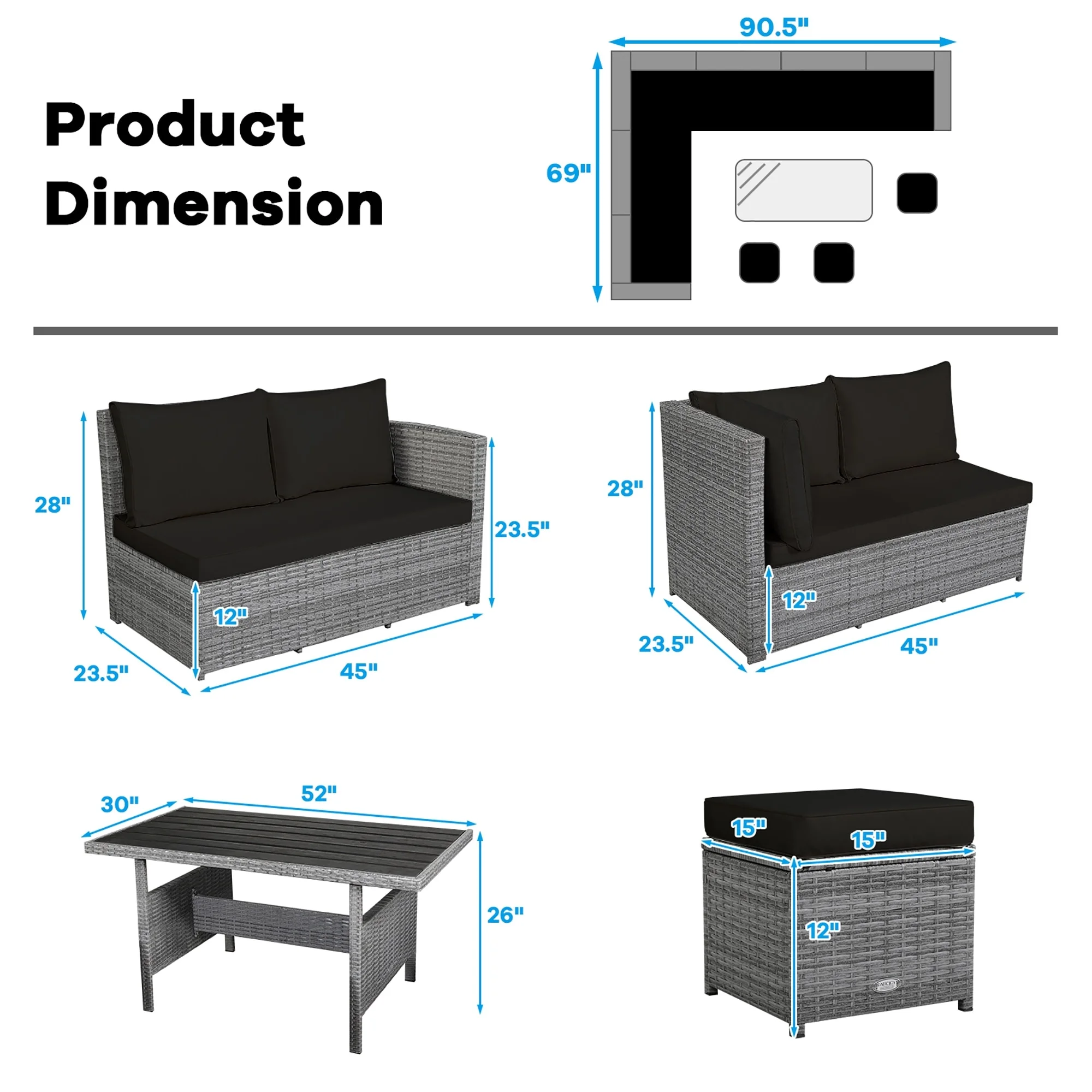 7-piece Outdoor Rattan Patio Furniture Set Black(Black) - Image 8
