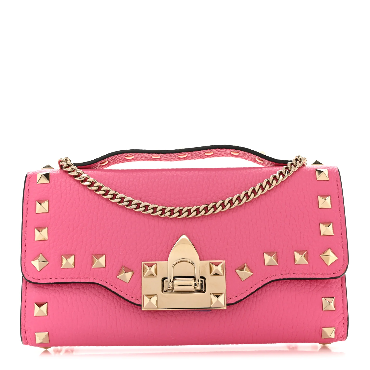 Pebbled Calfskin Rockstud Flip Lock Wallet On Chain Feminine Pink