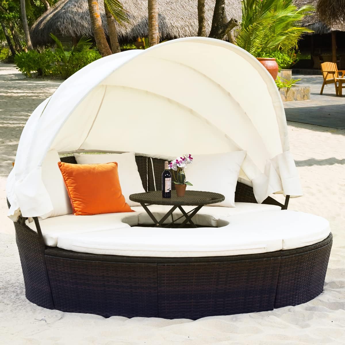 Lit de jour d'extérieur, lit de jour rond en rotin avec auvent pare-soleil, ensemble de patio avec coussins et table basse réglable, mobilier de patio en rotin, convient aux terrasses de jardin, aux vérandas et aux abords de piscine (couleur verte)