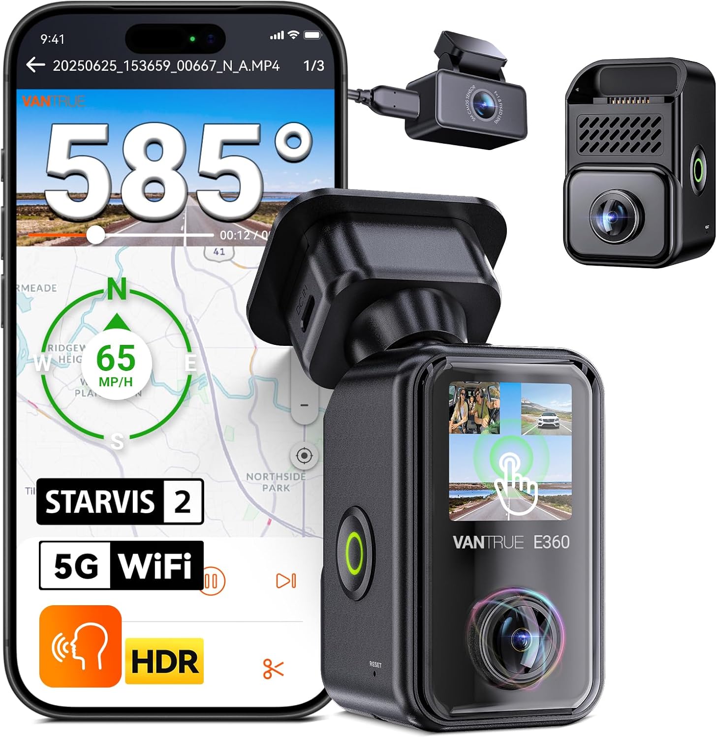 Vantrue E360 Plus All Channel Dash Cam  585°  Dual STARVIS 2  Fisheye Front + Fisheye Inside + Rear Dash Camera  Dual IR Night Vision  GPS  WiFi  Touchscreen  Parking Mode  Voice Control  Support 1TB