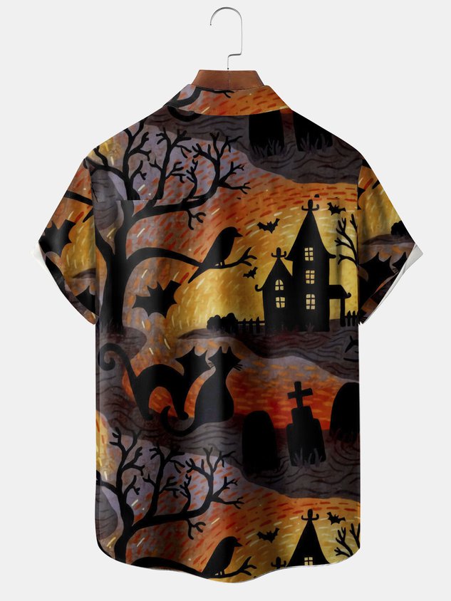 Chemise à manches courtes respirante décontractée à imprimé chat pour homme, motif Halloween