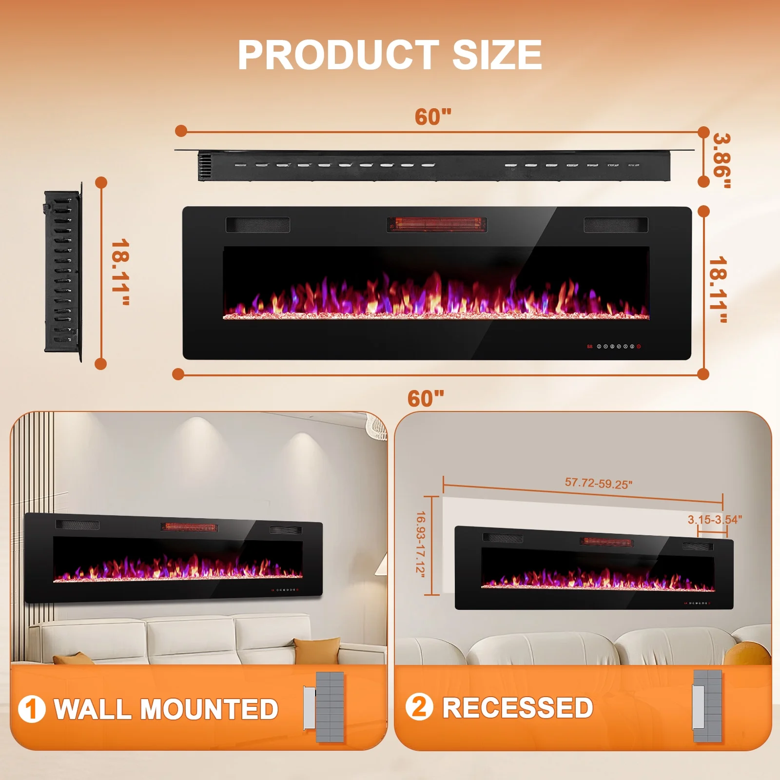 60�� Indoor Electric Fireplace Ultra Thin Fireplace, Wall Mounted Recessed Fireplace with Multiple Colors(60 in) - Image 2