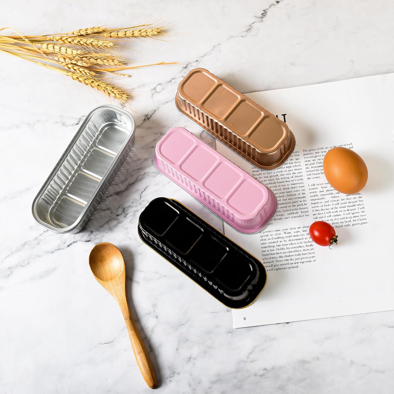 Findful Mini Loaf Baking Pans with Lids and Spoons (50 Pack, 6.8oz) Rectangular Aluminum Foil Baking Pans Tins Containers - Cupcake Containers Wrappers Cheesecake Creme Brulee Ramekins
