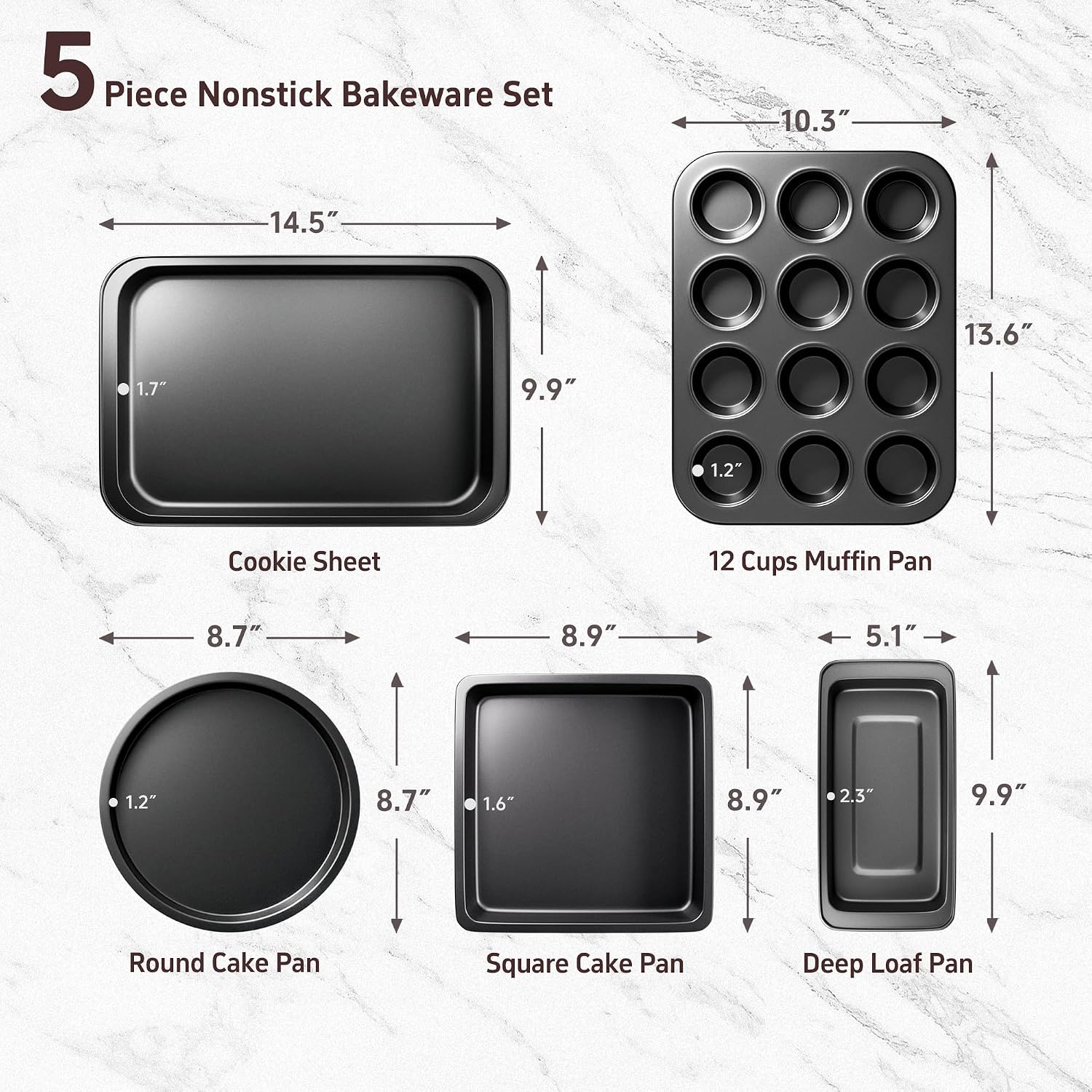 CasaCulina Baking Pans Set, 5-Piece Nonstick Bakeware Sets, Black
