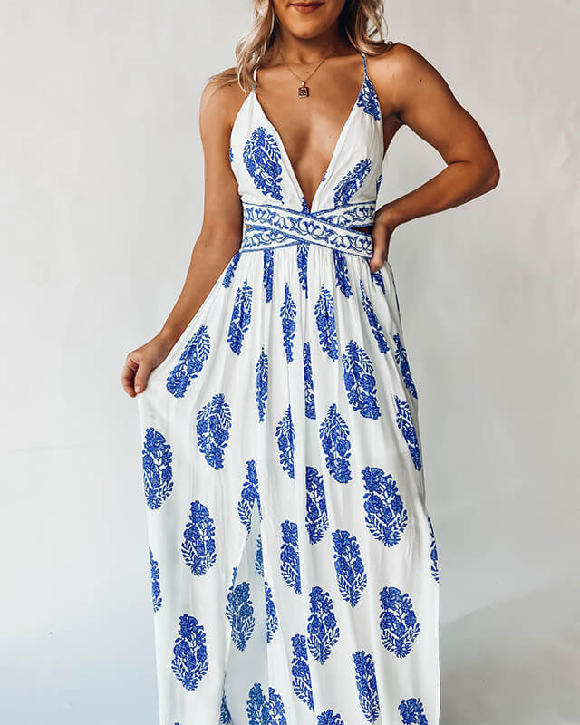 Robe de fête bohème dos nu à col en V pour femme
