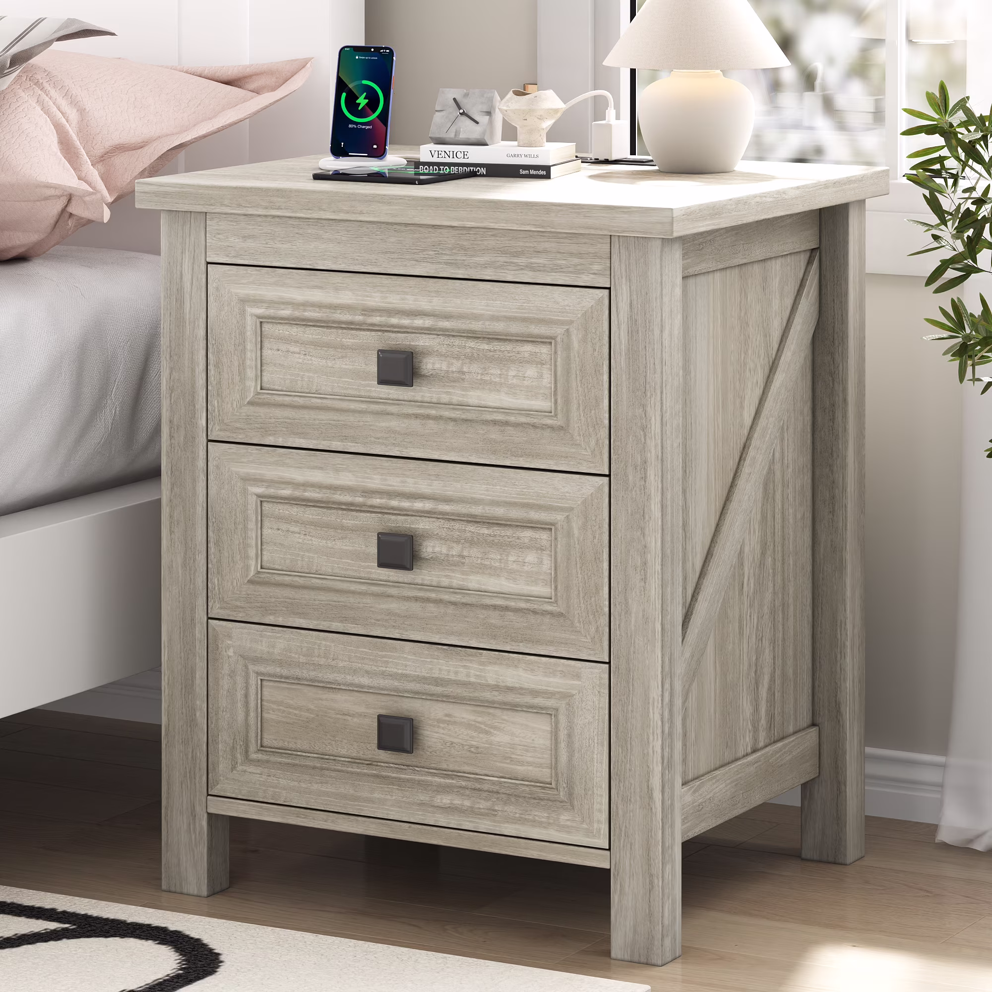 Nightstand, Bedside Table with Charging Station, Farmhouse 3 Drawer Nightstand Rustic Night Stand End Tables for Bedroom Living Room,Gray(Gray-1PCS)