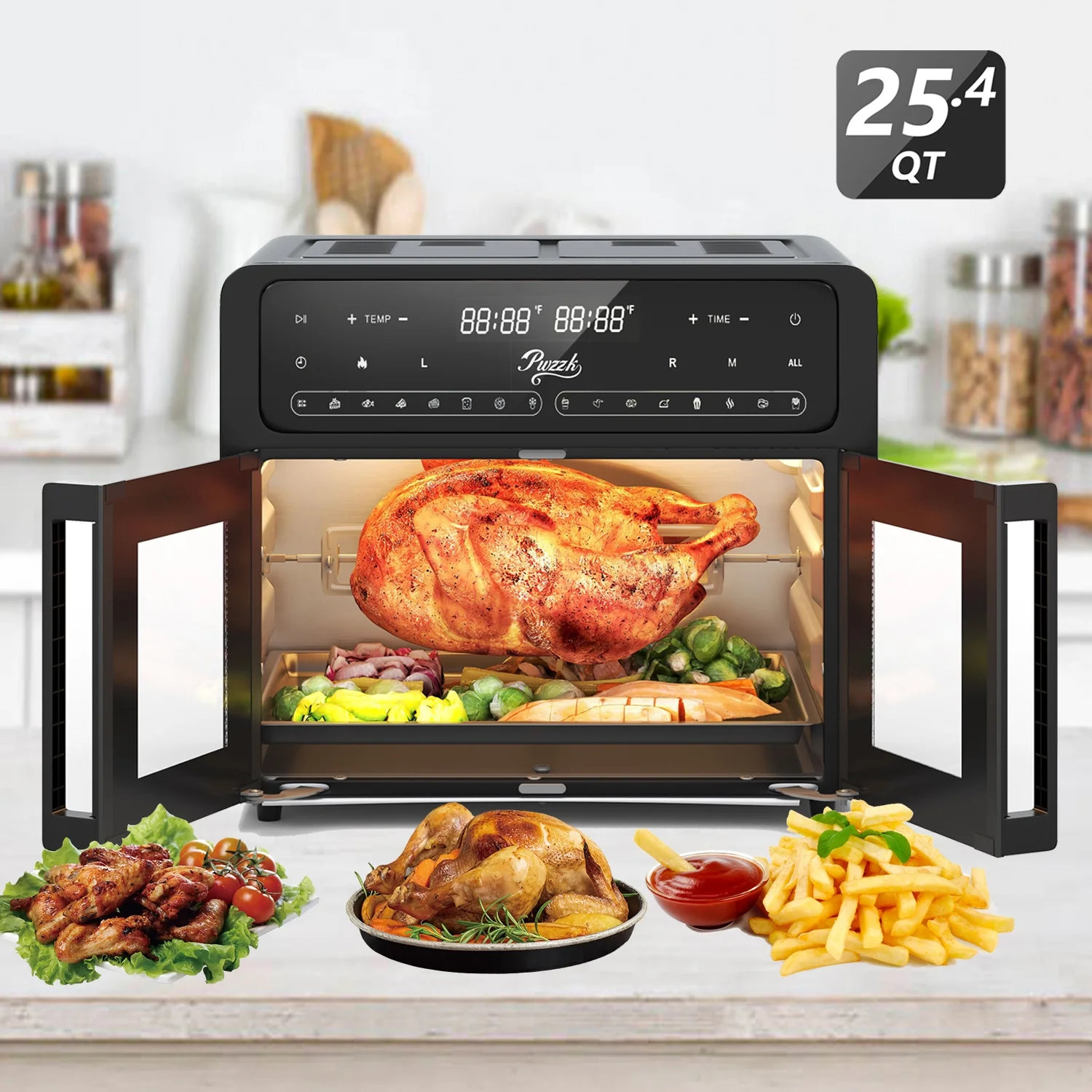 Pwzzk 25.4QT Dual Zone Air Fryer Toaster Oven Combo, French Glass Door, XL Capacity, 100 - 430F Temperature Range, 16 Preset Functions, LED Display, Dual Fan, 360 Heat Circulation, Rotisserie, Bake