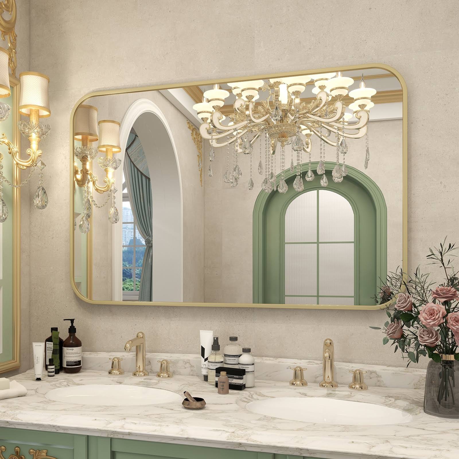 Wall Mounted Bathroom Mirror with Round Corner 26 inchx38 inch - Gold, Size: 26x38 - Gold