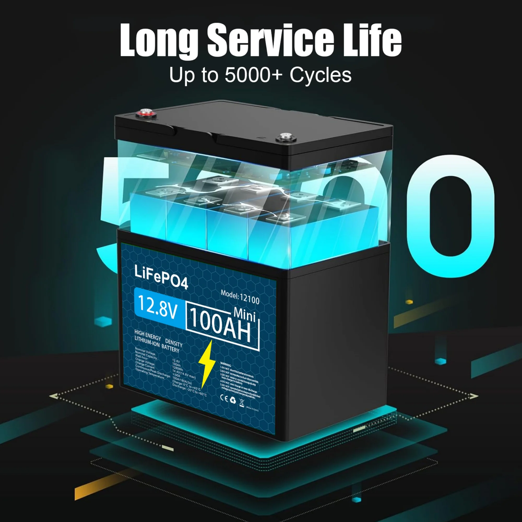 12V 100Ah LiFePO4 Lithium Battery with 100A BMS Deep Cycles for Camper RV - Image 3
