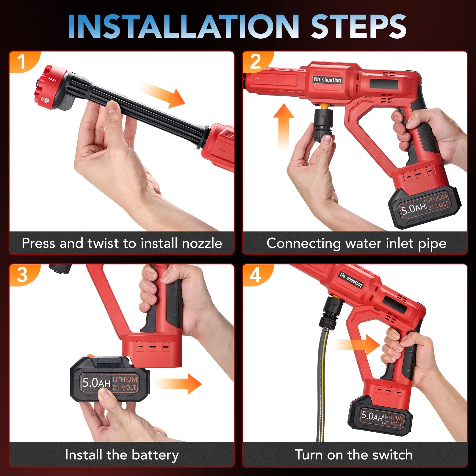 1060PSI Cordless Pressure Washer, Portable Handheld High-Pressure Car Washer with 5.0Ah Long-Lasting Battery, 3-Speed Adjustable, 2.8GPM, 6-in-1 Nozzle for Car Cleaning/Garden/Floor(Red) - Image 7