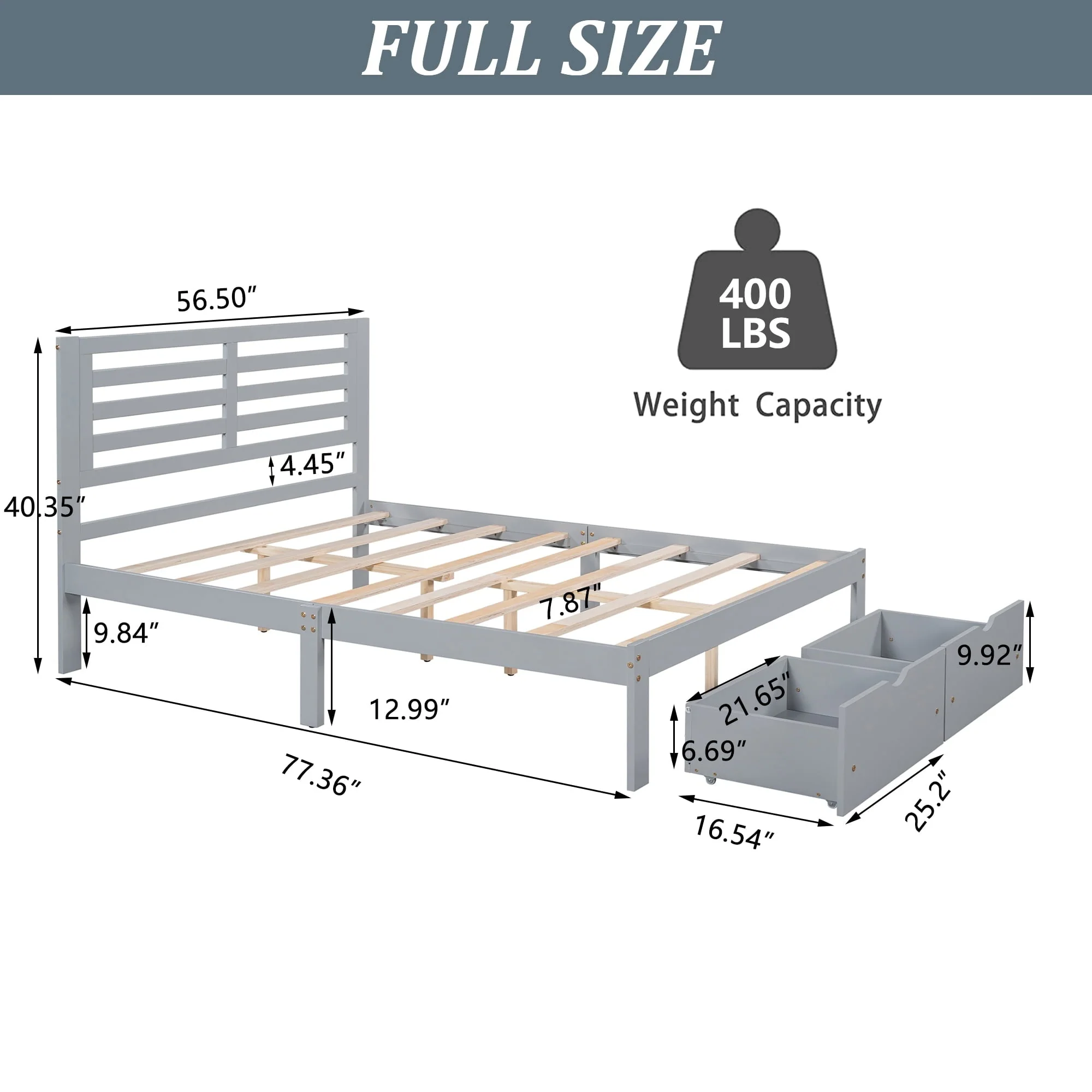Platform Bed Frame Storage Bed with Headboard, Pine Wood Full Bed Frame for Bedroom, Modern Full Size Bed Frame with Drawers, Wood Slats Support, Holds 400 lb, No Box Spring Needed, Gray(Twin/Gray) - Image 8