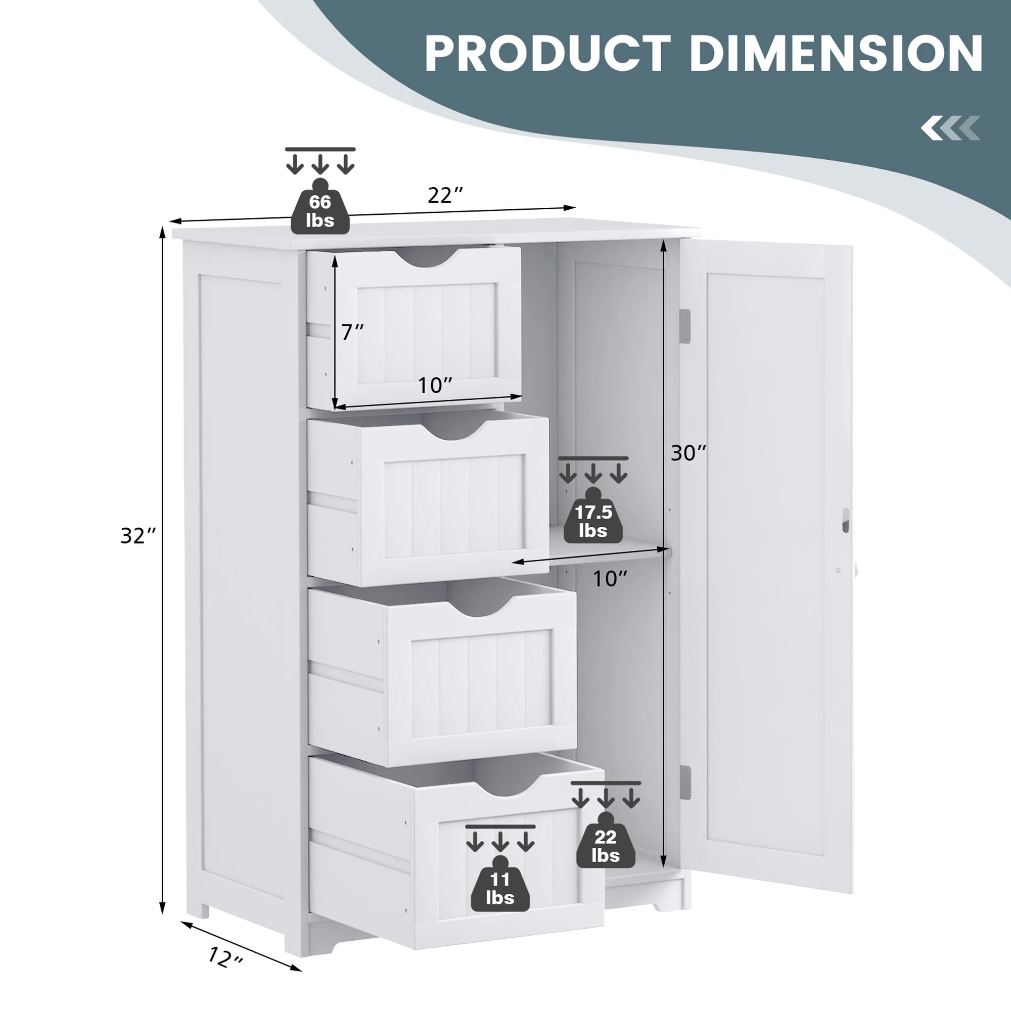 Bathroom Storage Wooden 4 Drawer Cabinet Cupboard 2 Shelves Free Standing White(White) - Image 4
