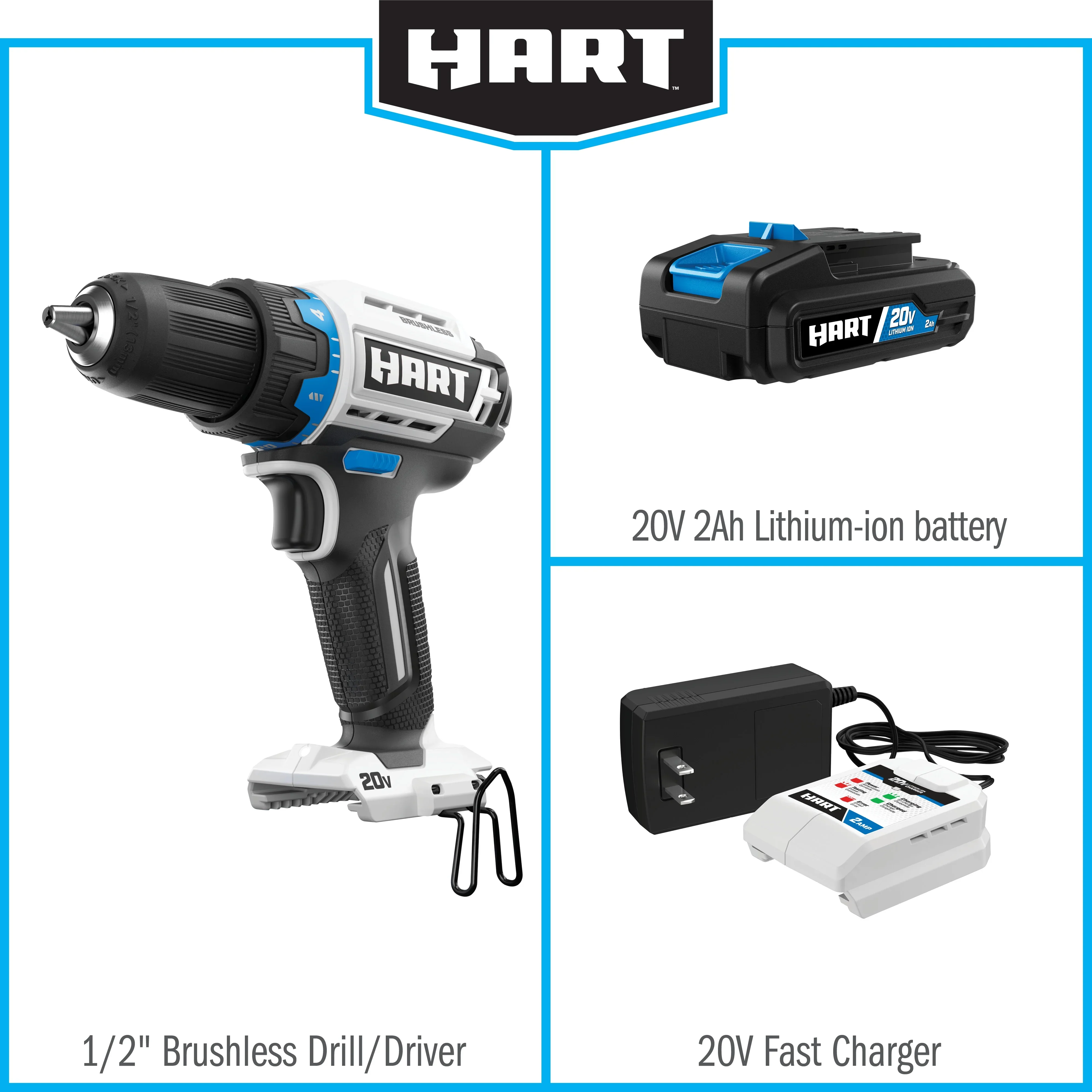 HART 20-Volt Cordless Brushless 1/2-inch Drill/Driver Kit and 10-inch Storage Bag (1) 2Ah Lithium-Ion Battery