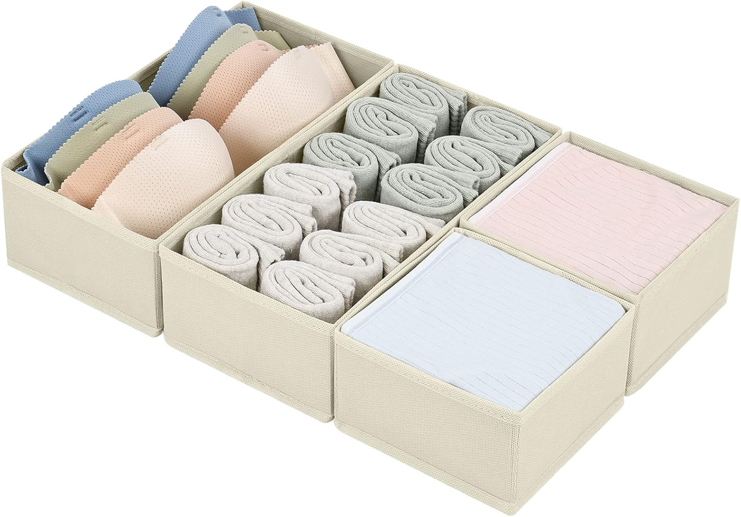 DIMJ Drawer Organizers for Clothes, Dresser Organizer Bins for Baby Clothes, Underwear and Socks, Fabric Closet Organization and Storage Boxes, Drawer Dividers for Nursery, Clothing, Ties - 4 Pack, Beige