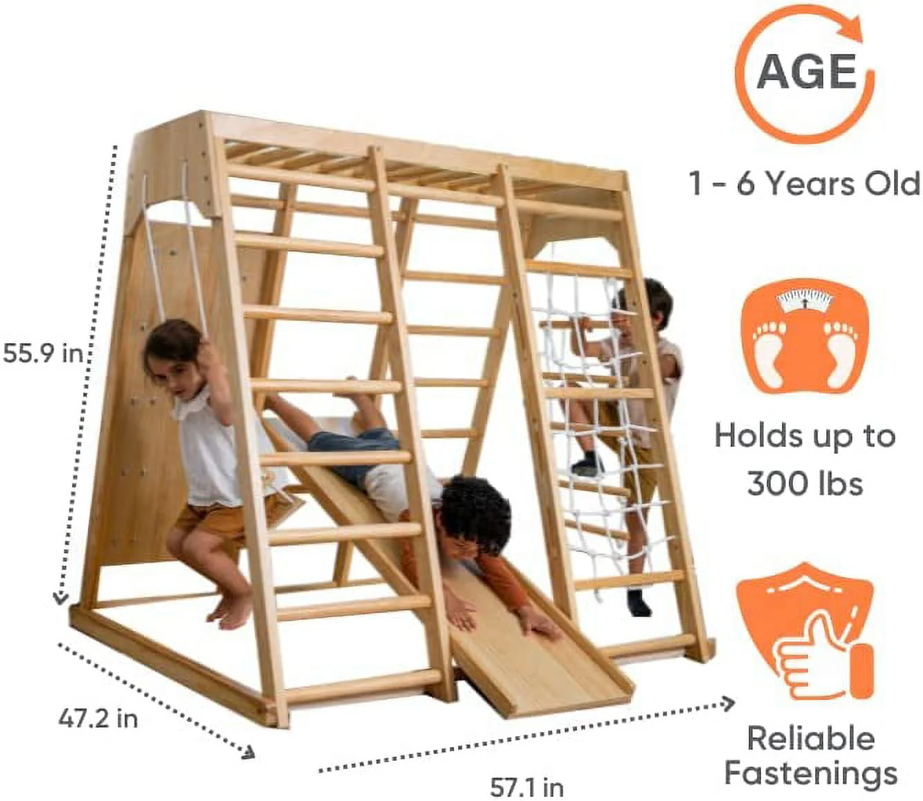 Avenlur Indoor Toddler and Child Indoor Gym Playground Climber Real Wooden Playset 6 in 1 Slide, Rock Climb Wall, Rope Wall Climbing, Monkey Bars, Swing, Ladder Fun Gym for Children Image 8