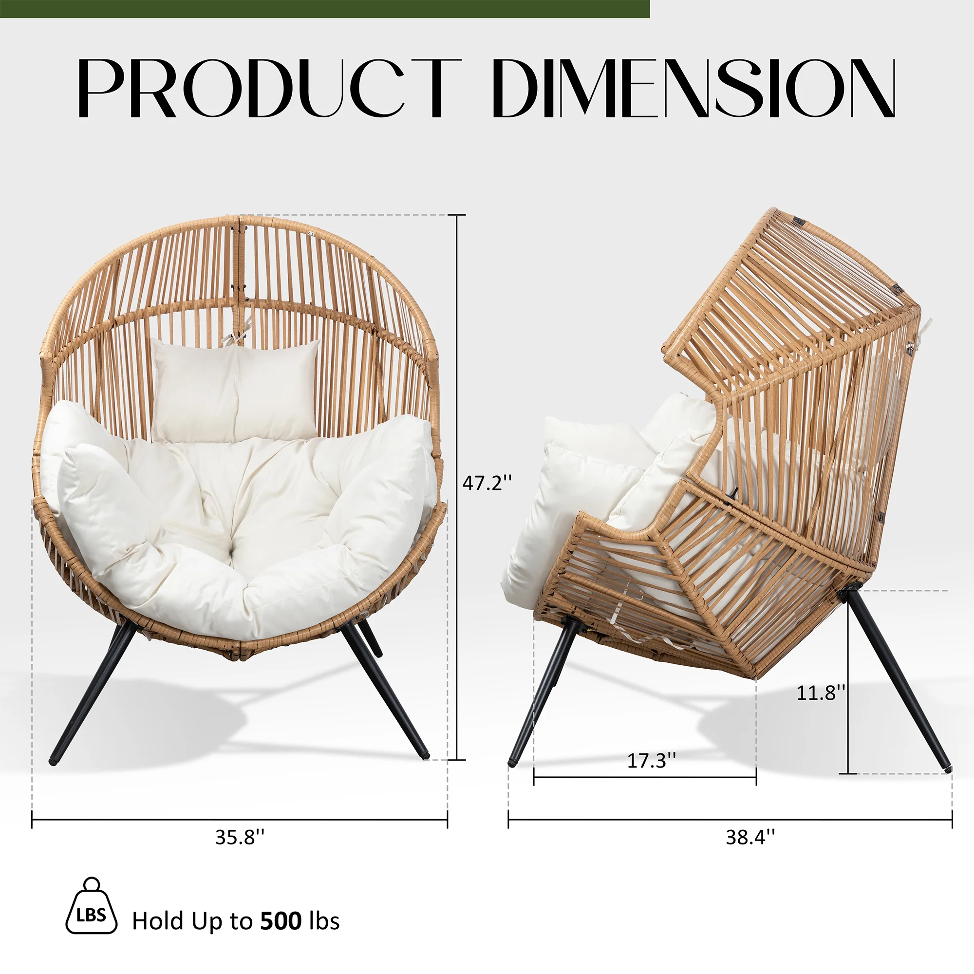 Egg Chairs Outdoor Patio Wicker Oversized Egg Shell Lounger Lawn Chair with Cushion for Indoor Outside Porch Balcony Backyard, Original Wood Color Rattan Beige Cushion(Wooden Color Rattan Beige Cushion/No-Rocking) - Image 9