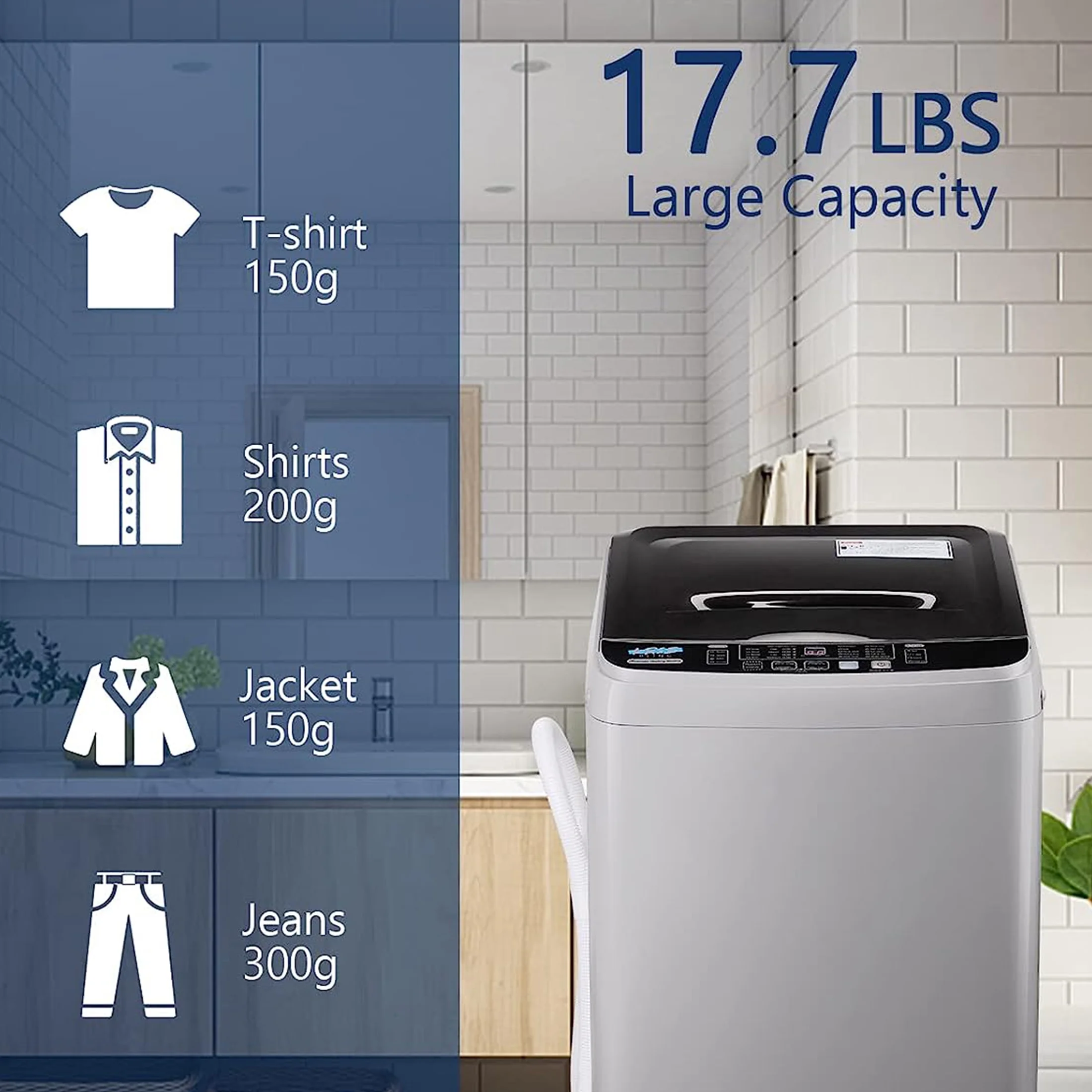 Full-Automatic Washing Machine, Portable Laundry Washer, Compact 17.7 lbs, LED Display, Drain Pump, 10 Wash Programs 8 Water Levels(GREY) - Image 3