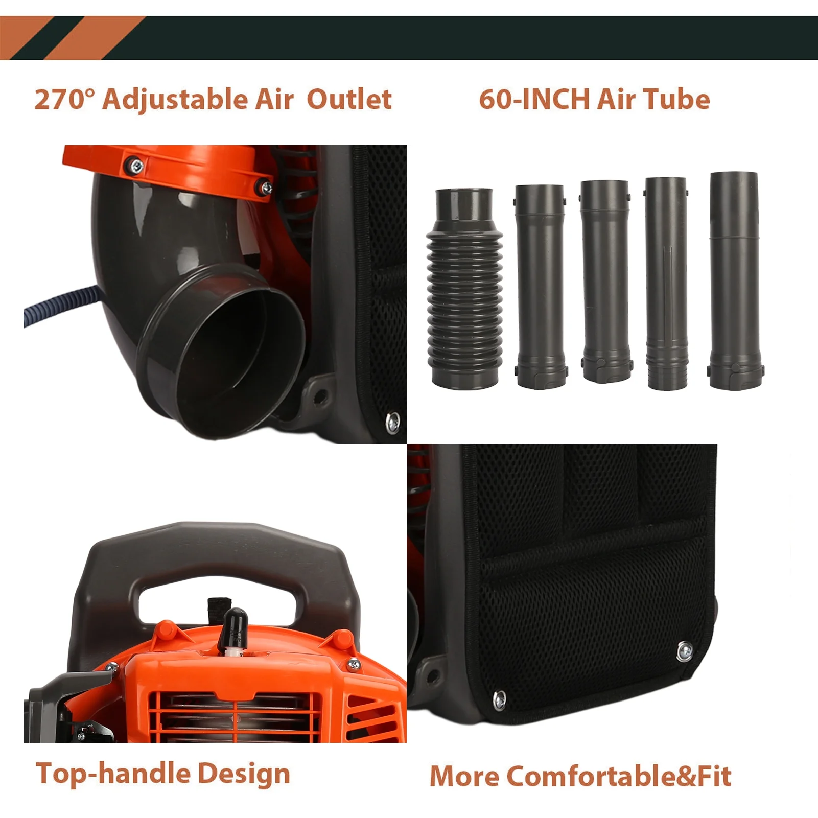 Backpack Snow Blower 52cc 6800r/min 550 CFM Blower with 1 2L Tank, Single cylinder Air cooled Two stroke Strong Wind Force ABS Leaf Blower Gas Powered Dust Blower(Orange Single cylinder) Image 9
