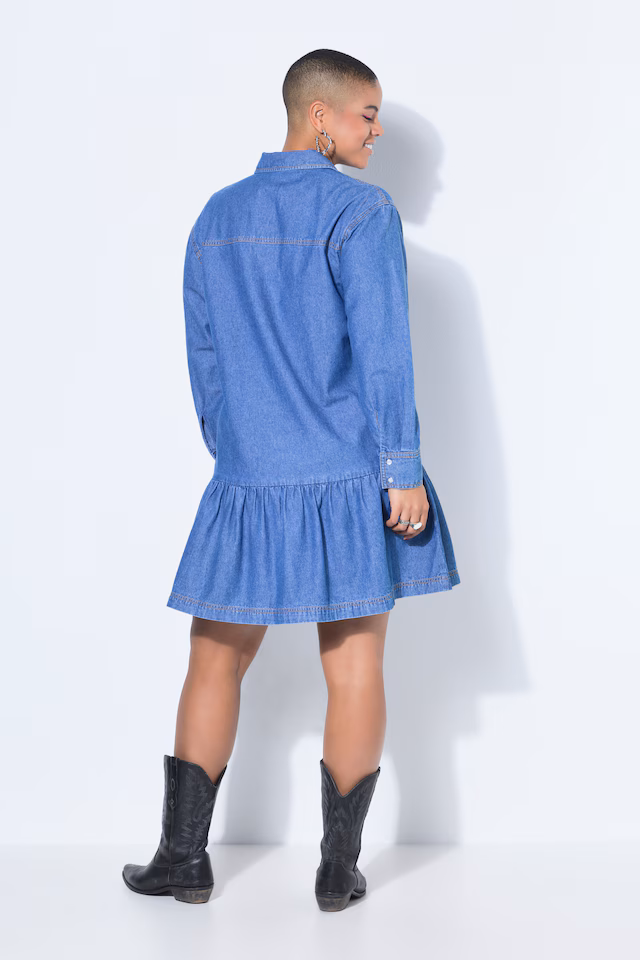Flounce Hem Long Sleeve Denim Dress