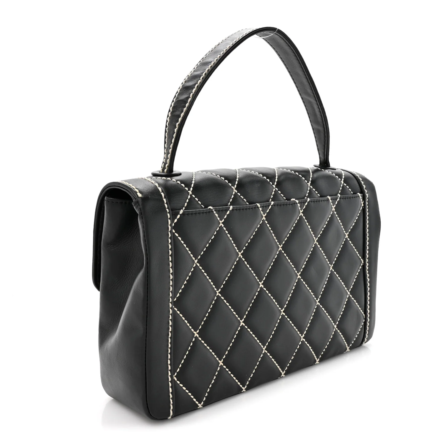 Calfskin Quilted Wild Stitch Large Top Handle Flap Black