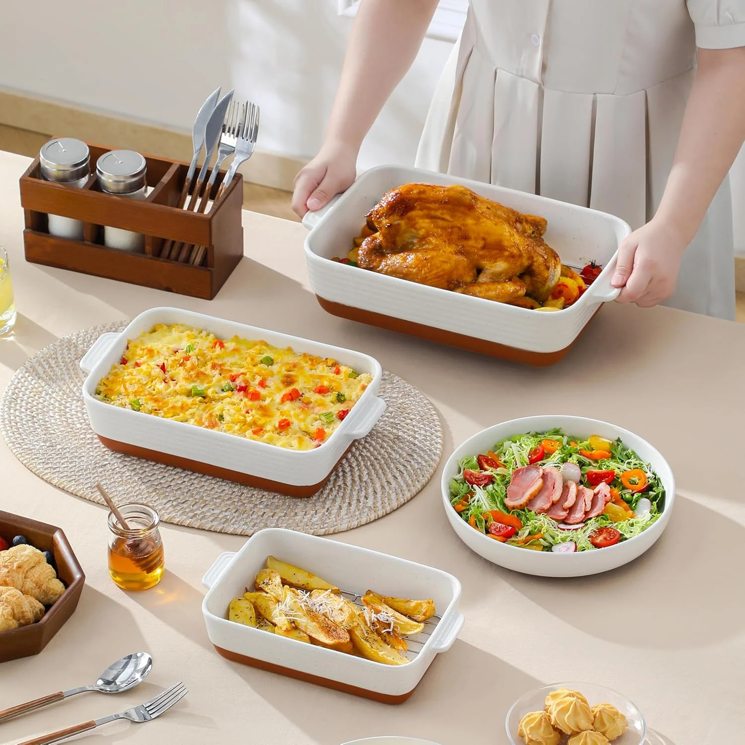 Casserole Dishes for Oven with Roasting Racks, Ceramic Baking Dishes Set of 3, Baking Pan Casserole Dish Set, Rectangular Lasagna Pan Deep with Handles for Baking, Khaki White (14.5''/13''/10.5''),(With Racks)