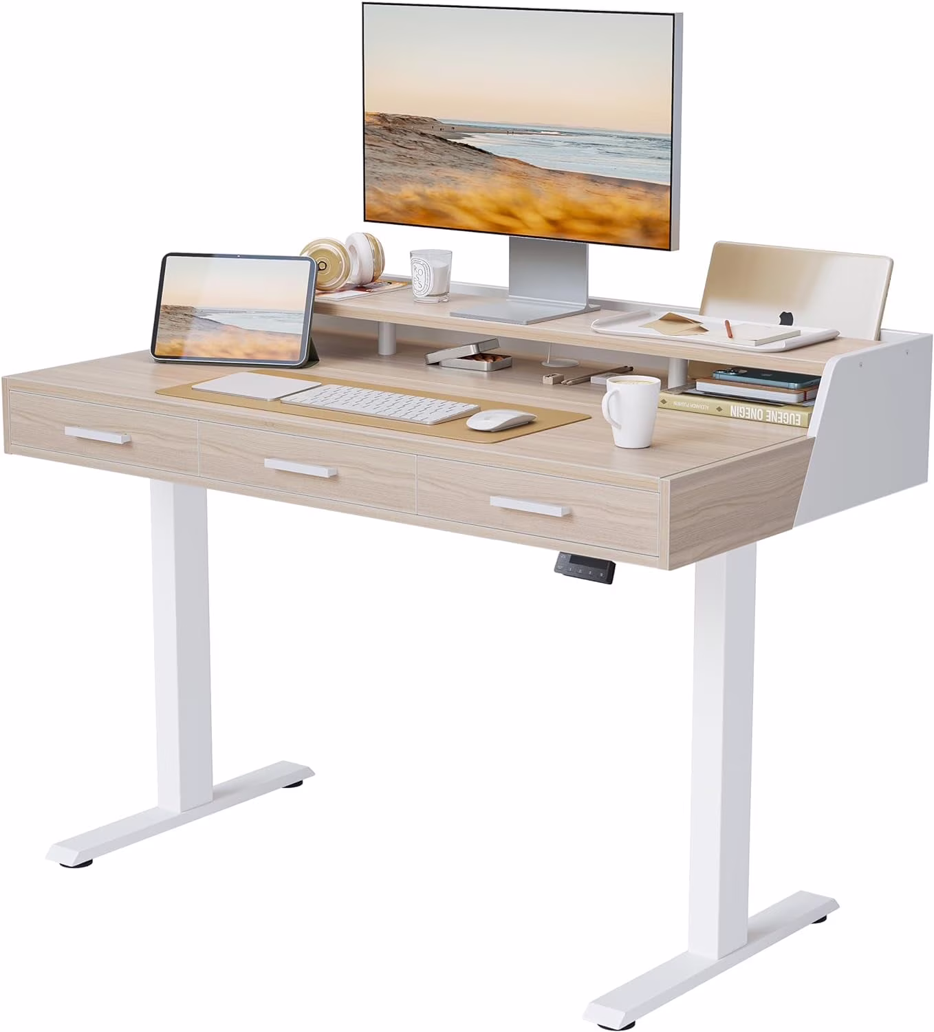 Electric Standing Desk with 3 Drawers Monitor Shelves, 48 x 26 inches Sit Stand Home Office Desk, Rustic Brown(48"/Rustic Brown) - Image 6