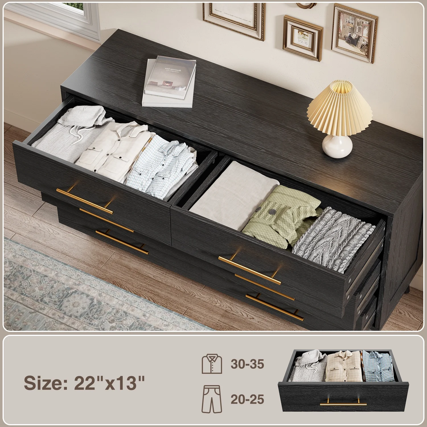 3 Piece Bedroom Furniture Set, 6 Drawer Dresser with 2 Nightstands, Modern Wood Storage Organizer with Metal Handles for Bedroom, Living Room,Black(Black) - Image 2