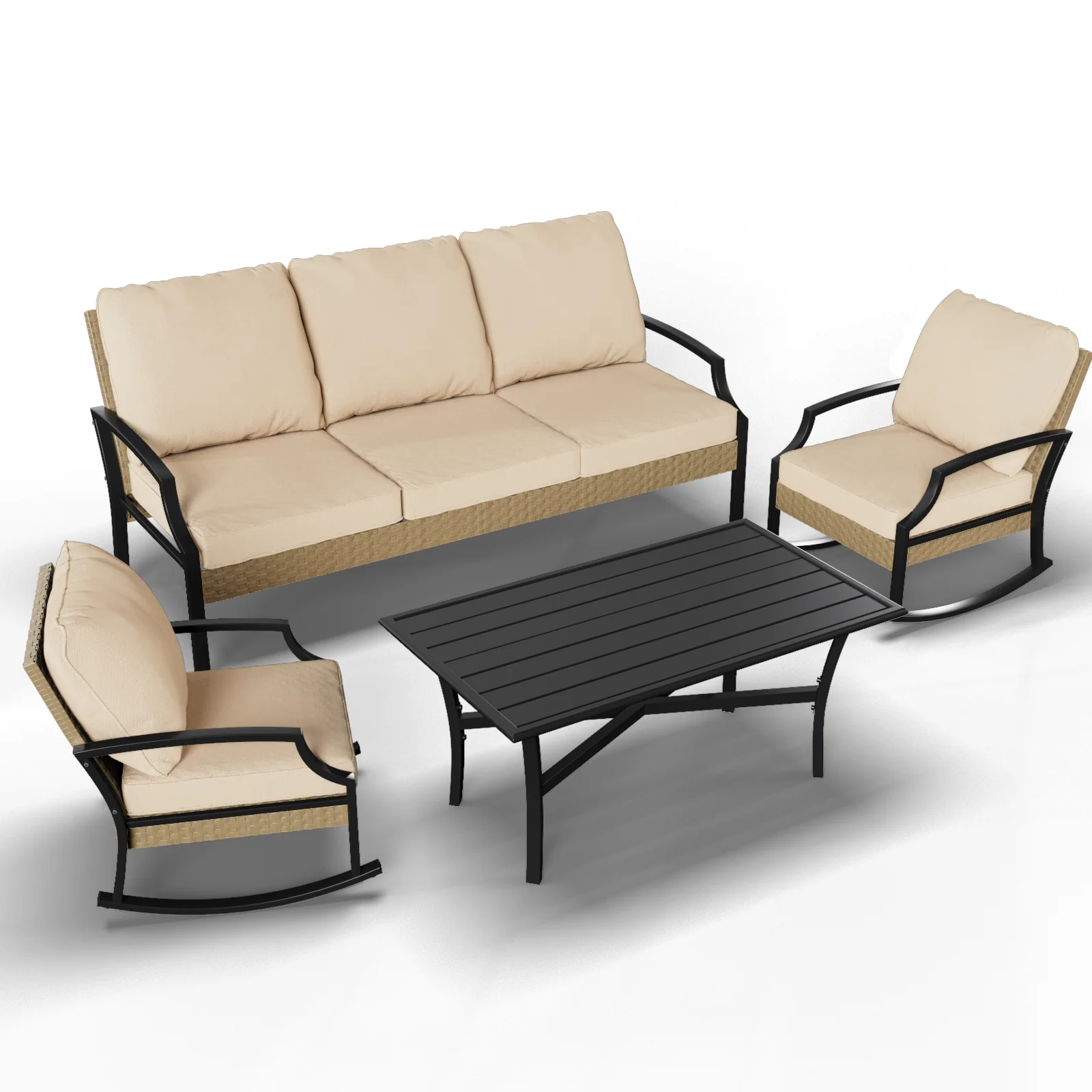 AECOJOY Outdoor Patio Furniture Set with Rocking Chair, 4 Piece Rattan Conversation Bistro Set with Coffee Table, Beige