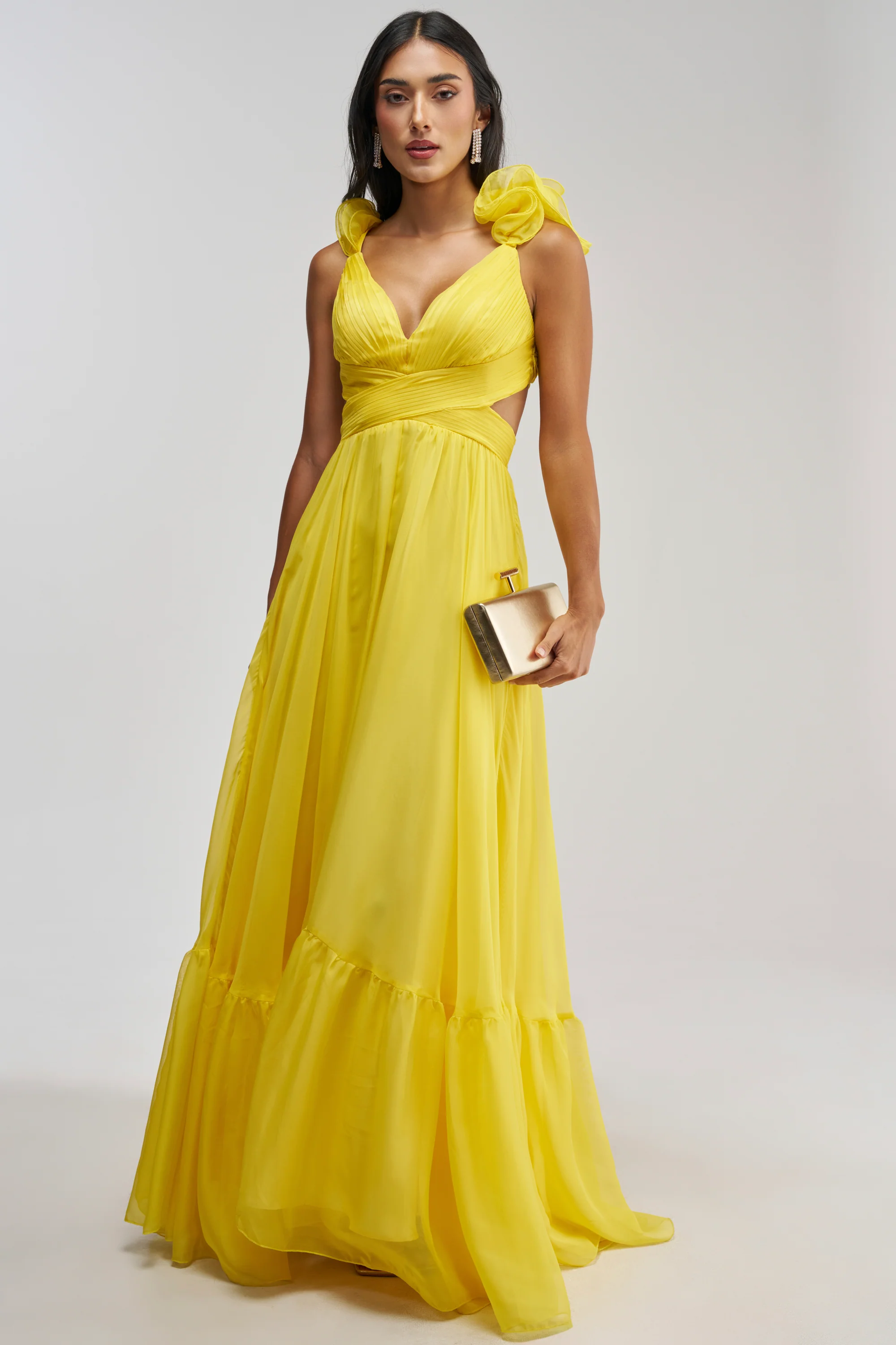 POPPING CHAMPAGNE CHIFFON MAXI DRESS IN YELLOW - Akira Store