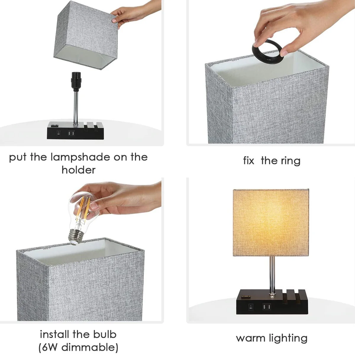 Touch Control Table Lamp with 2 USB Charging Ports, 1 AC Outlets and 2 Phone Stands, Modern USB Desk Lamp with Black Wooden Base and Grey Shade Suitable for Bedroom, Living Room Image 9