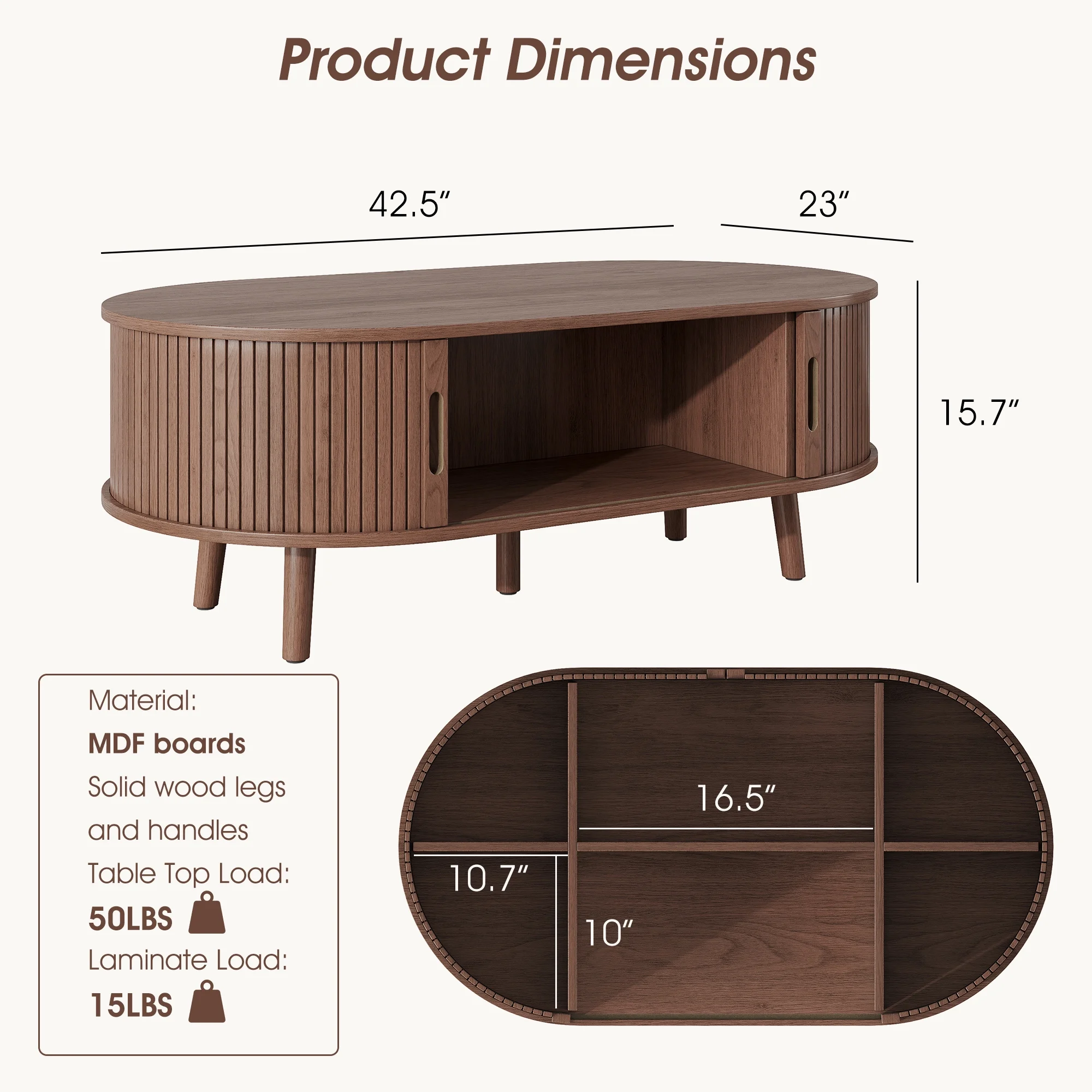 Oval Coffee Table, 42.5" Drum Coffee Table with Sliding Tambour Door, Fluted Accent Center Table with Storage, Mid Century Modern Coffee Table for Living Room, Center Table Walnut - Image 7