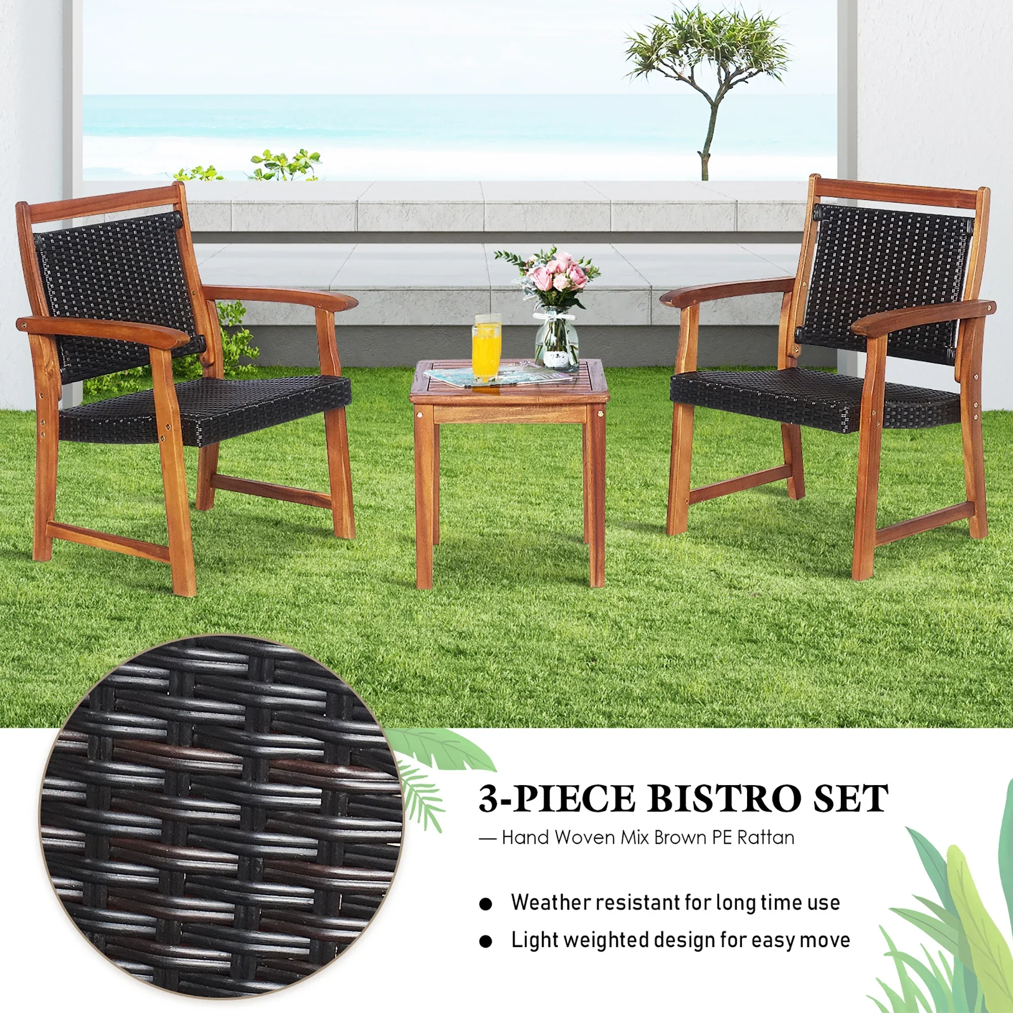 Costway 3PCS Patio Rattan Bistro Set Acacia Wood Frame Armrest Chairs Garden