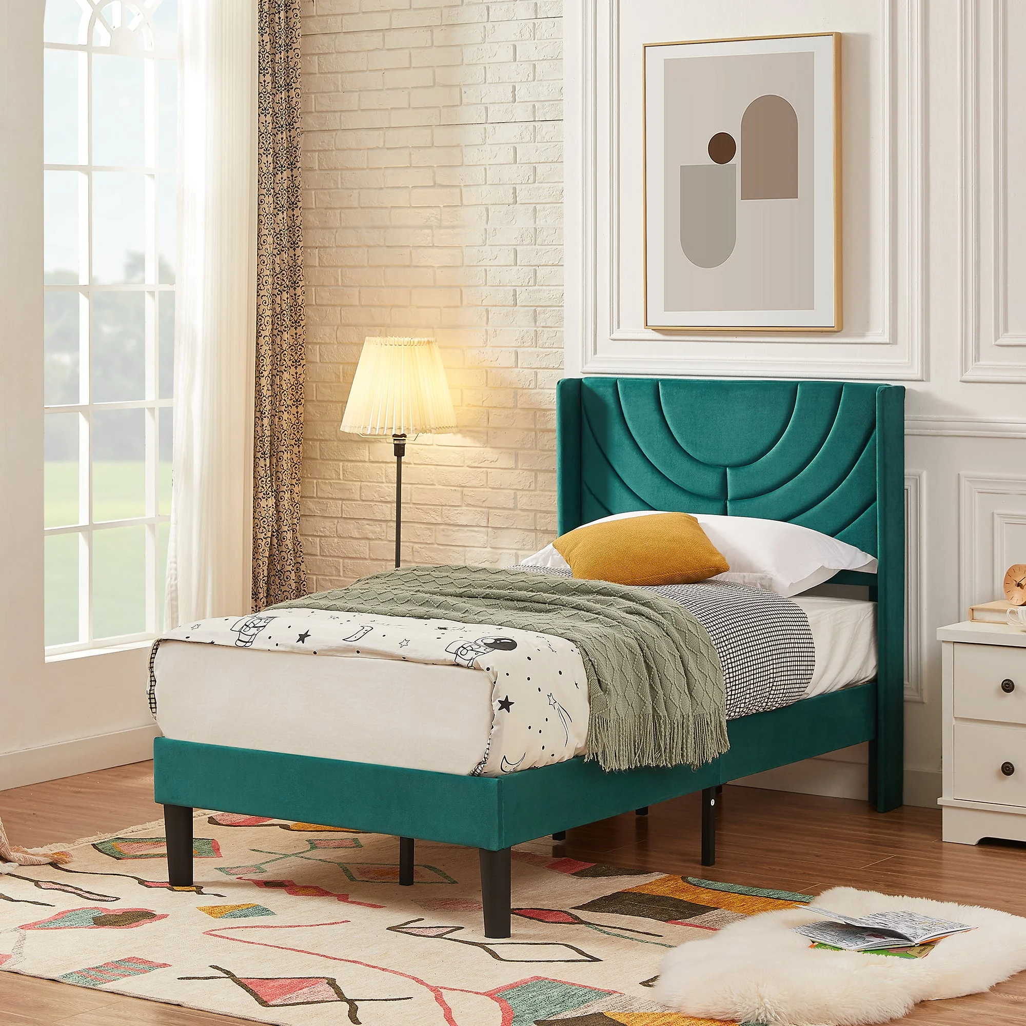 Set of 2 Twin Bed Frames, Modern Upholstered Platform Bed Frame with Tufted Headboard, No Box Spring Needed, Dark Green(Style C/Dark Green) - Image 8