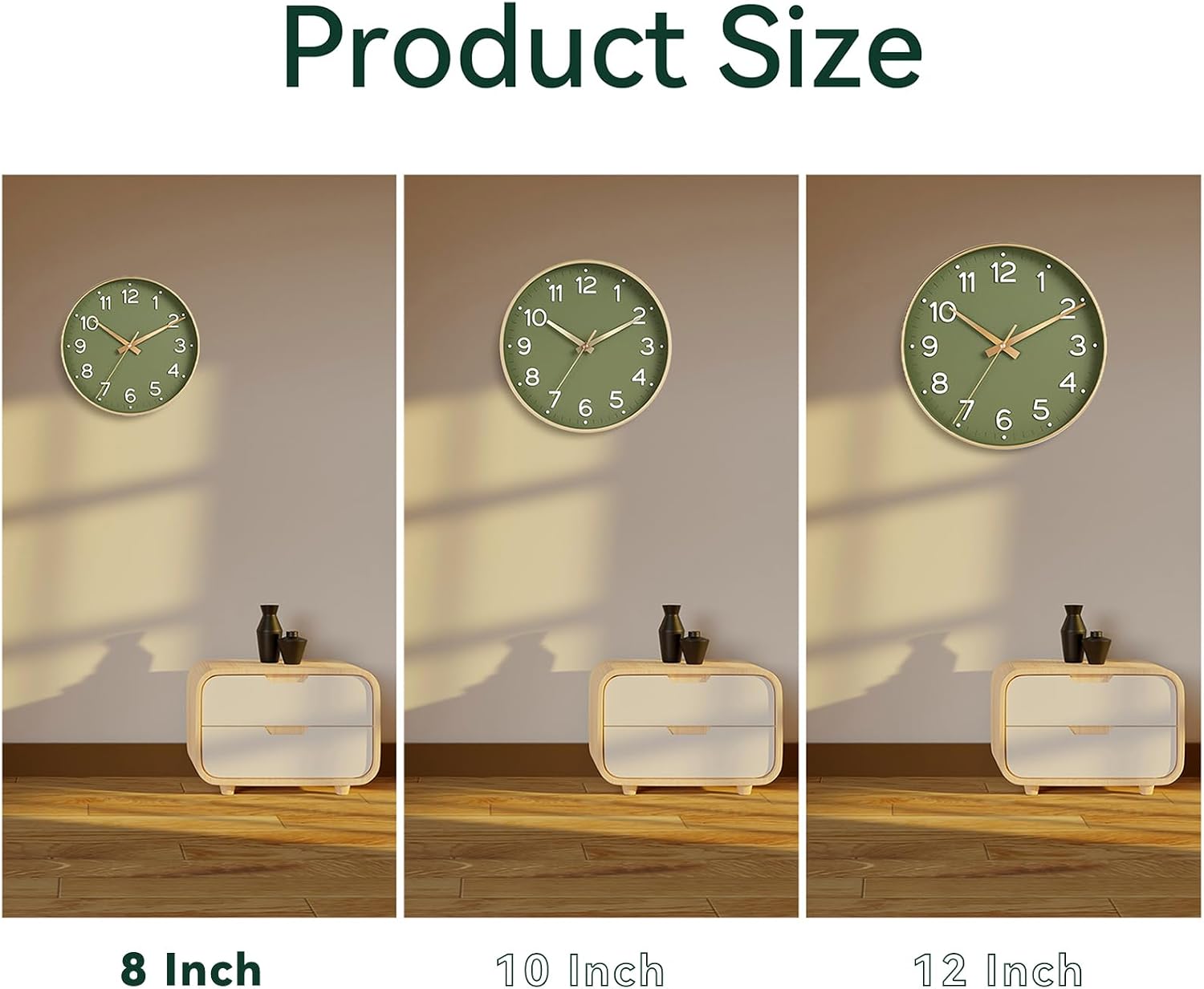 Roymnie 8 Inch Wall Clock, Battery Operated Silent Non Ticking Green Analog| Green & gold modern analog; large 3D easy-read dial for kitchen, office, bathroom & bedroom; 1 AA battery (not included)