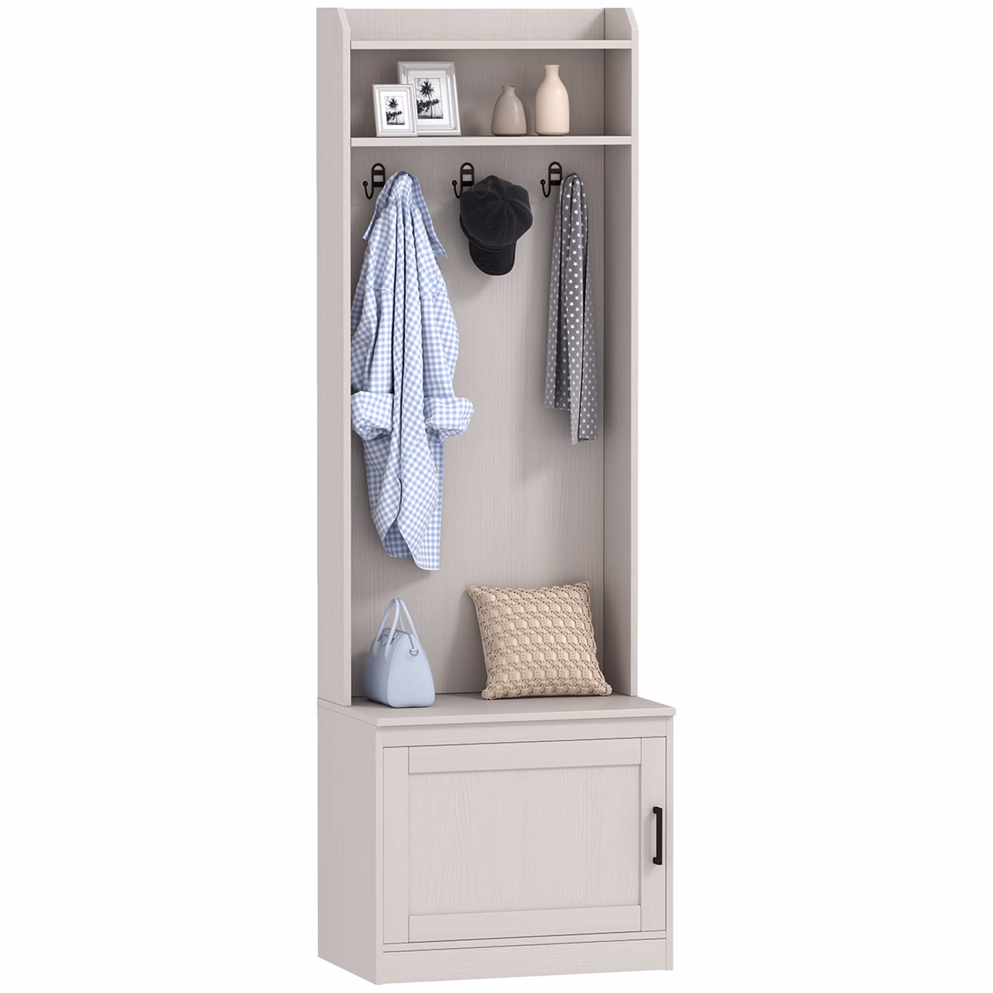 Rustic Hall Tree with Shoe Storage Bench, Entryway Bench with Coat Rack, Accent Coat Tree with Storage Shelves for Hallway, Mudroom, White(White)