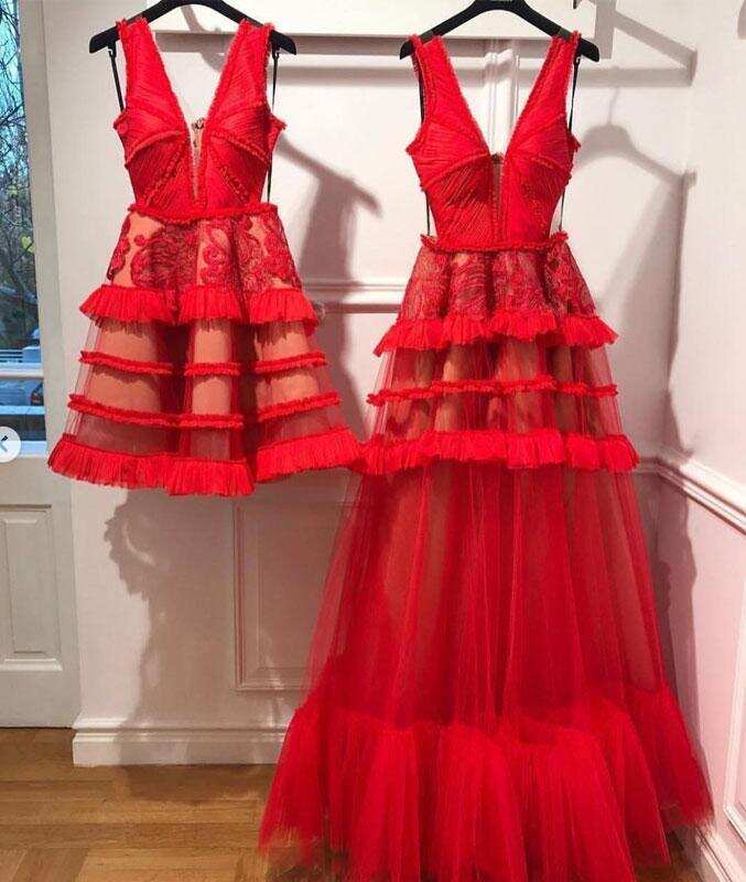 Charming Red V Neck Tulle Long Prom Dress, Evening Ddress DMP62