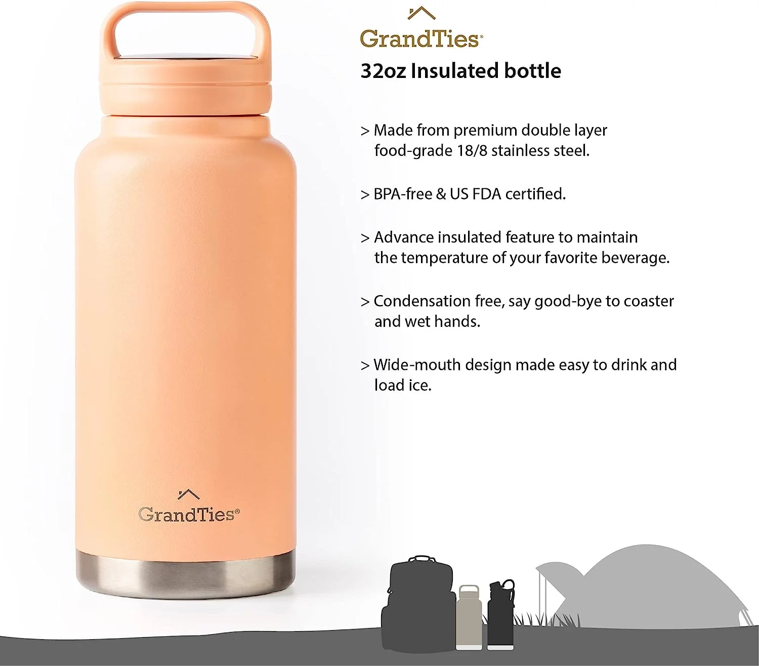 32 Ounces Wide Mouth Stainless Steel Insulated Water Bottle - Rose Salt with 2 Lids, BPA-Free Travel Canteen for Gym, Hiking, Camping, and Outdoor Activities(Rose Salt 32 oz/32 Pack)