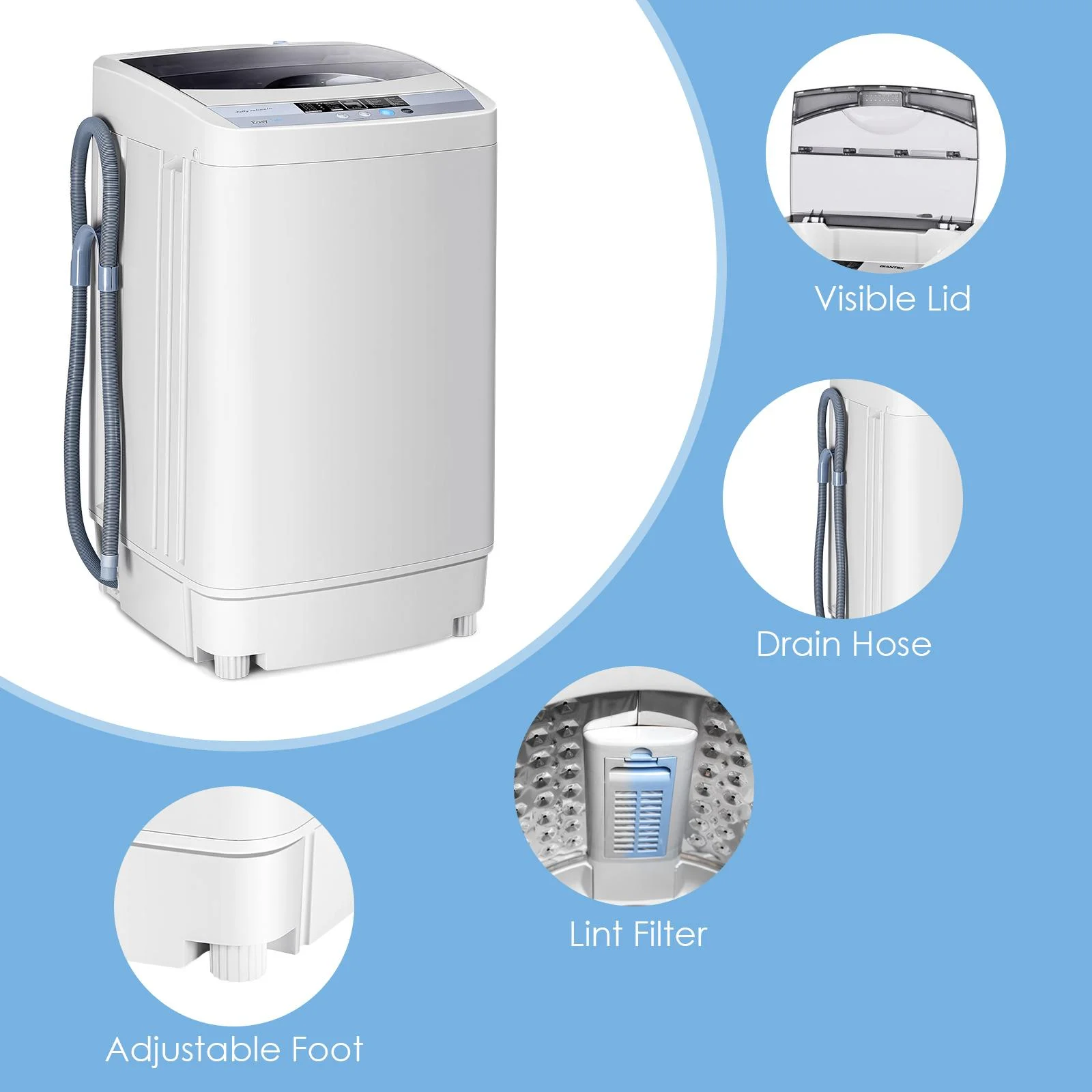 Full-Automatic Washing Machine, 1.34 Cu.ft Compact Washer w/10 Programs, 8 Water Levels LED Panel, 9.92 Lbs Capacity Portable Cloth Washer and Spinner w/Drain Pump - Image 5
